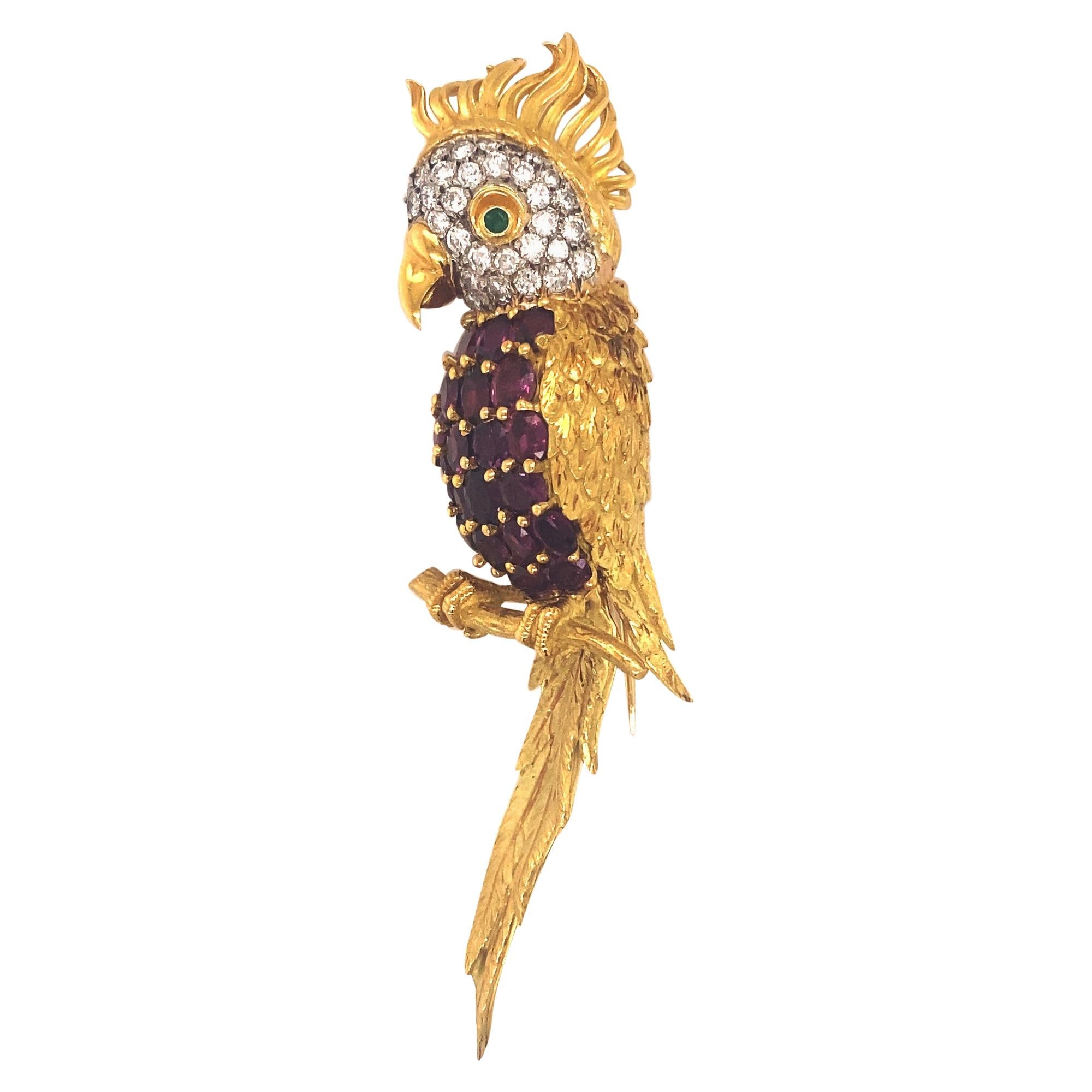 Vintage Cockatoo Ruby Diamond and Emerald Brooch 18K Yellow Gold For Sale