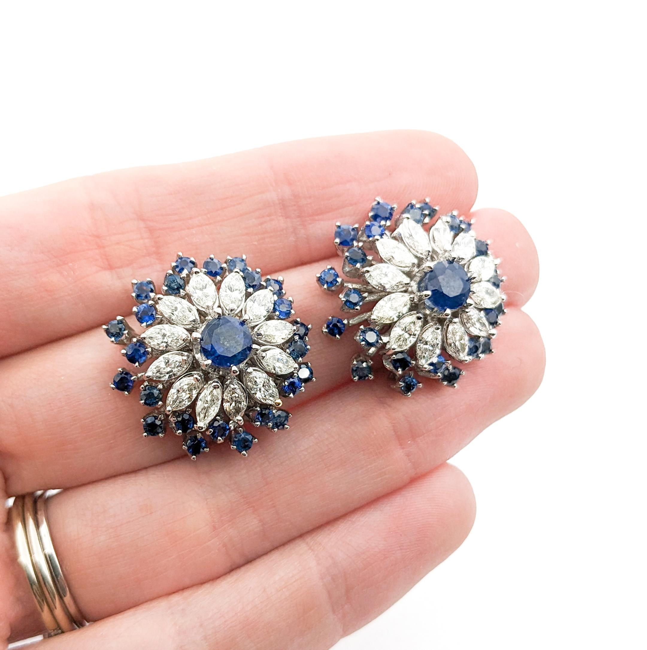 Round Cut Vintage Cocktail 4.50ctw Bule Sapphire & Diamond Earrings In White Gold For Sale