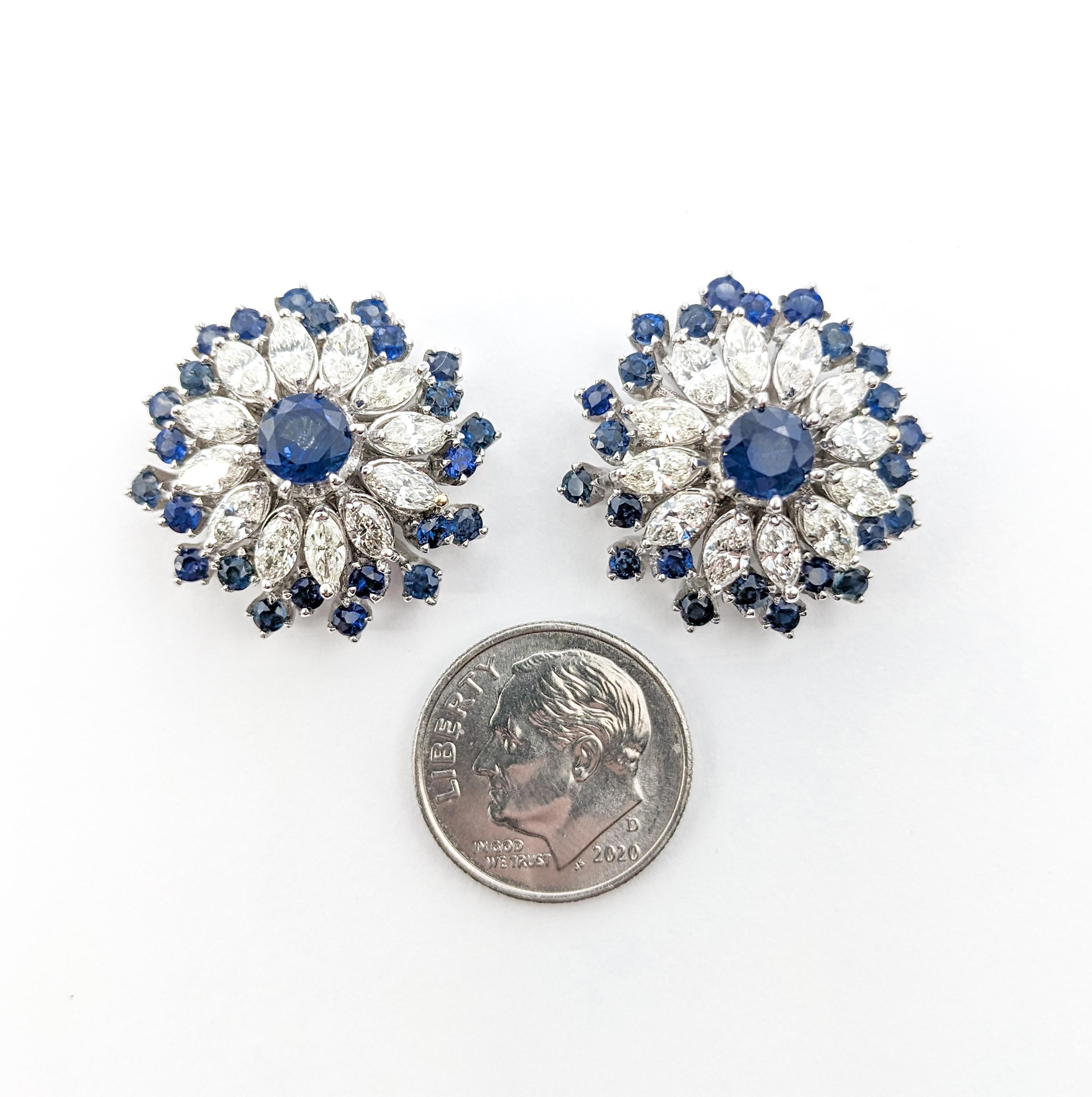 Vintage Cocktail 4.50ctw Bule Sapphire & Diamond Earrings In White Gold For Sale 3