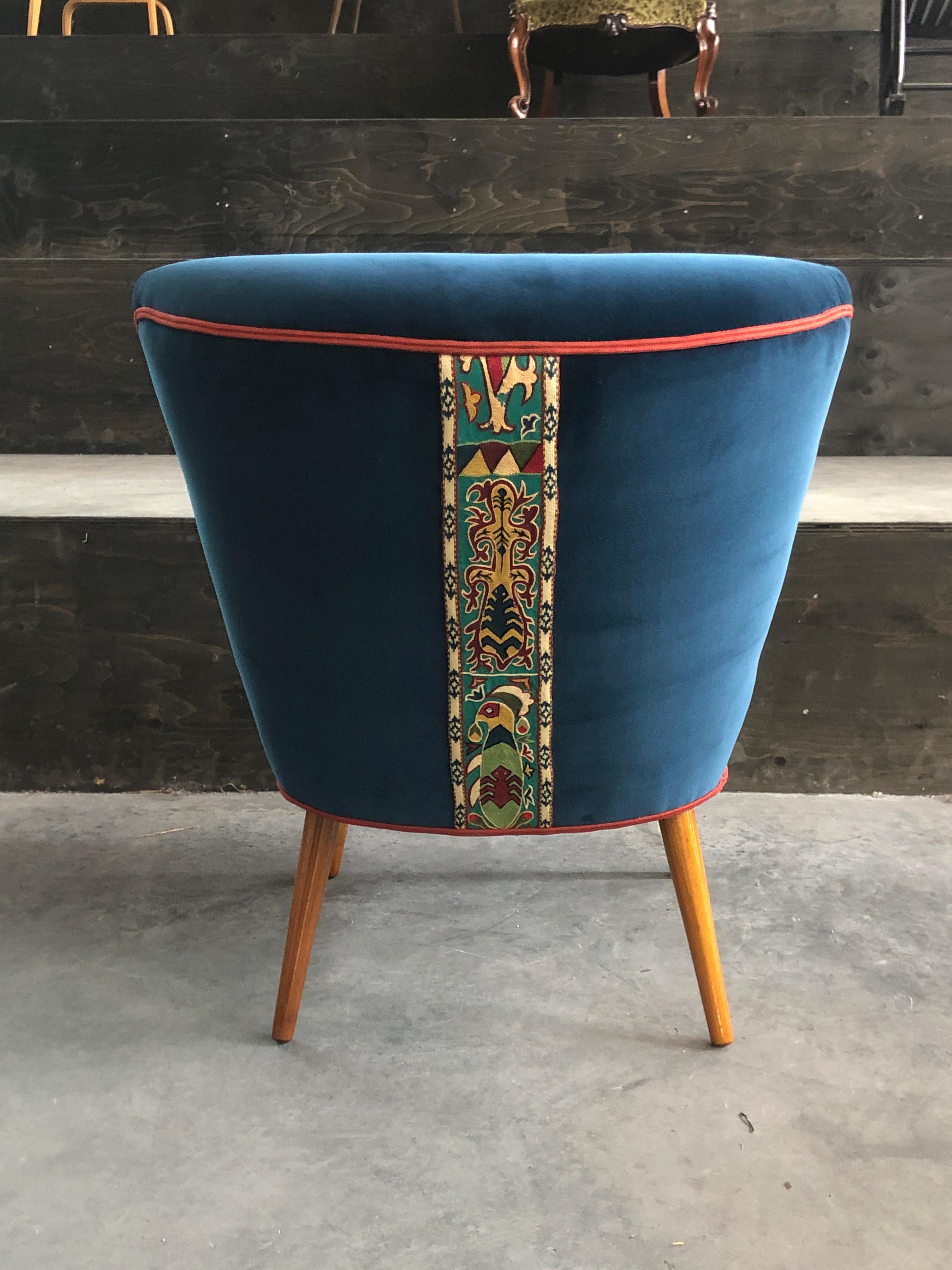 Mid-Century Modern Vintage Cocktail Chair Wit Blue Velvet Fabric Pierre Frey and Uzbek Embroidery For Sale