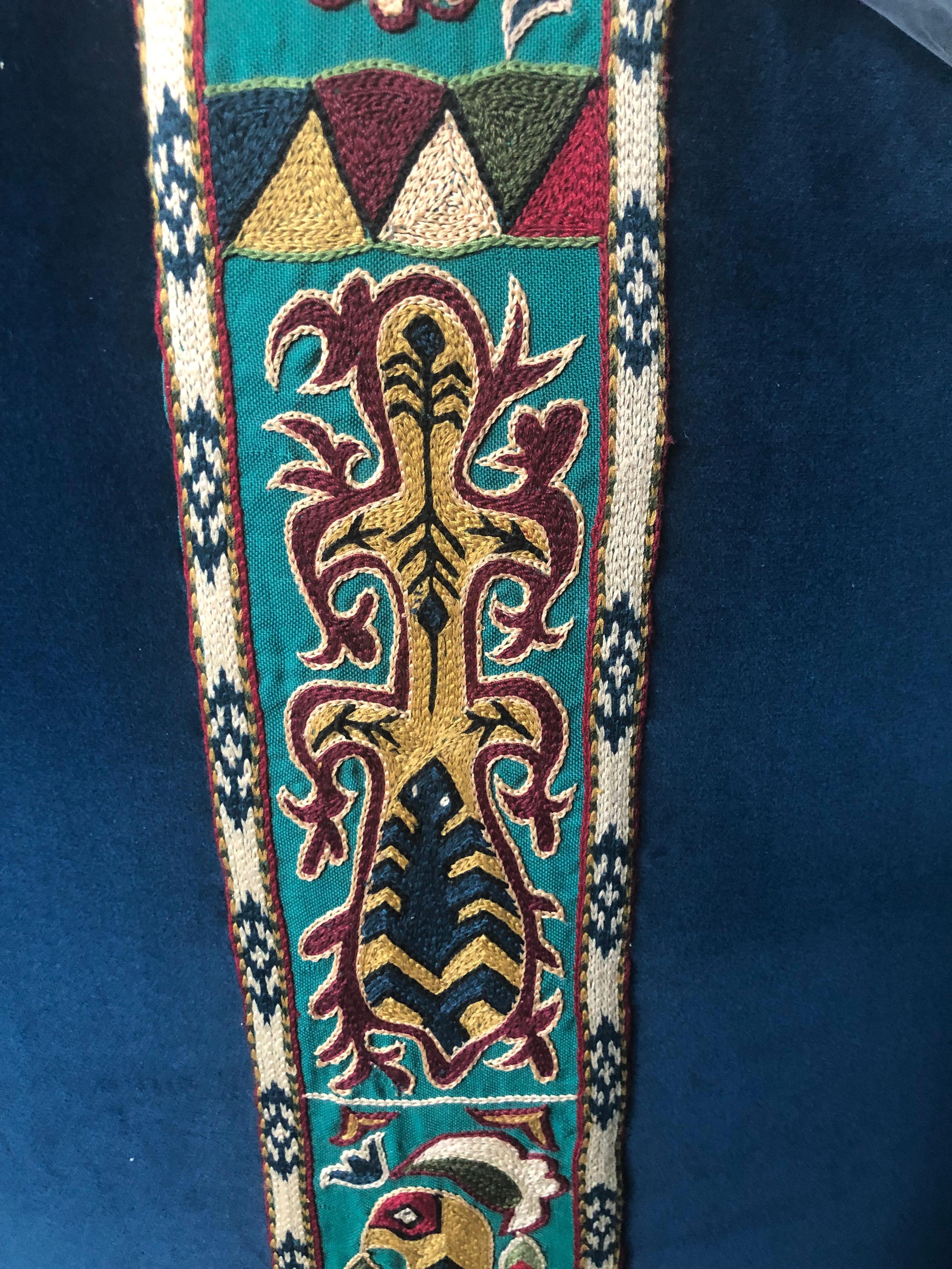 European Vintage Cocktail Chair Wit Blue Velvet Fabric Pierre Frey and Uzbek Embroidery For Sale