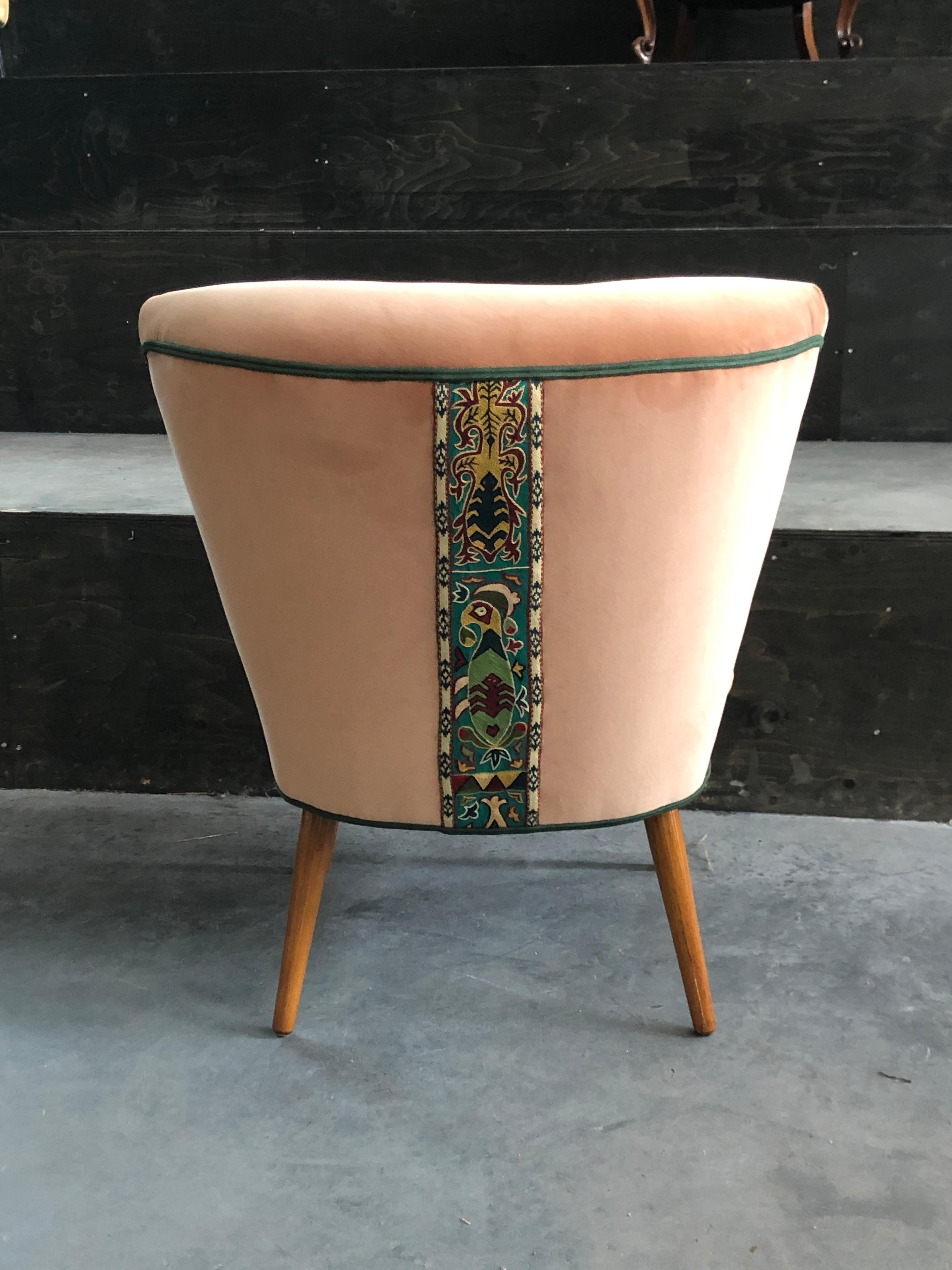 European Vintage Cocktail Chair with Pink Velvet Fabric Pierre Frey and Uzbek Embroidery For Sale