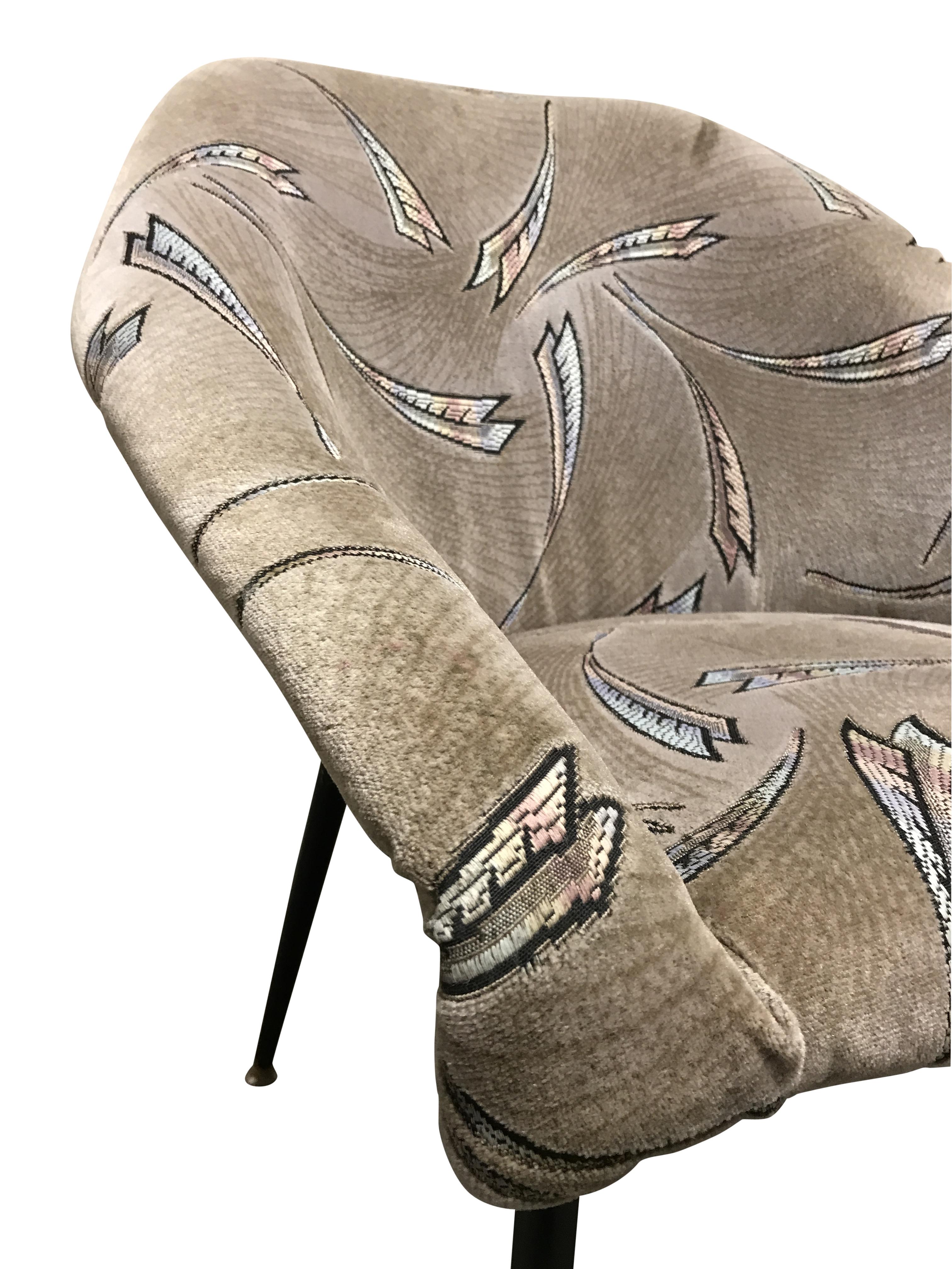 Pair of midcentury club or cocktail chairs upholstered in grey fabric with period decorative motives.

Beautiful, charming design. Mixes well with modern day interiors.

1960s - Czech republic.

Good condition, slight corrosion on the