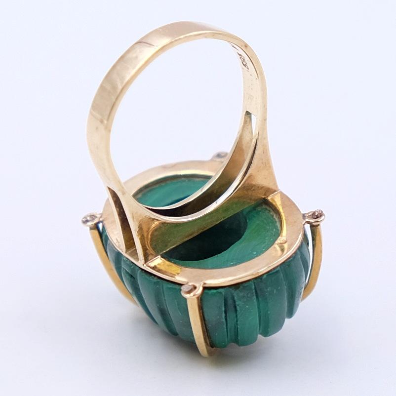 Women's or Men's Vintage Cocktail Ring 14K Yellow Gold Diamonds Carved Malachite size 7-7.5