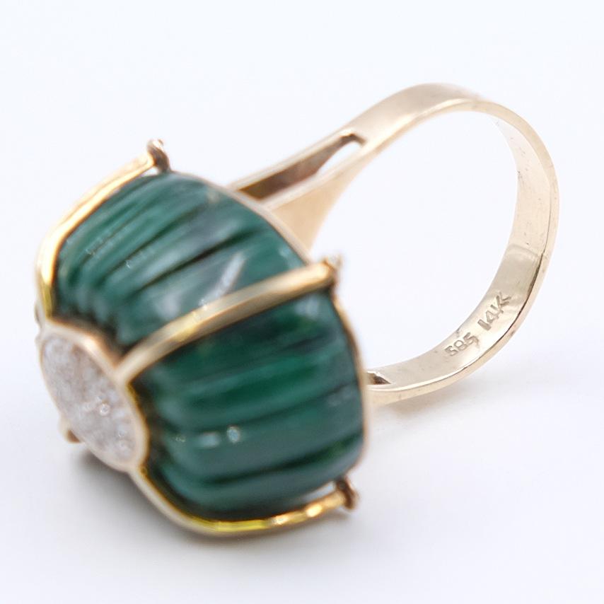 Vintage Cocktail Ring 14K Yellow Gold Diamonds Carved Malachite size 7-7.5 1