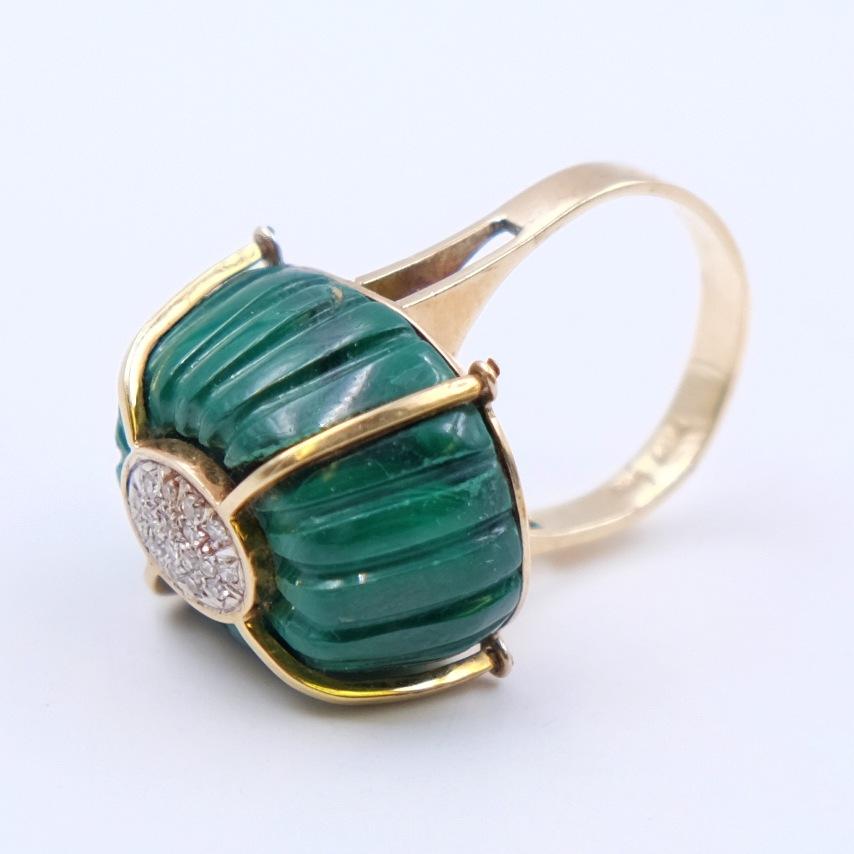 Vintage Cocktail Ring 14K Yellow Gold Diamonds Carved Malachite size 7-7.5 2