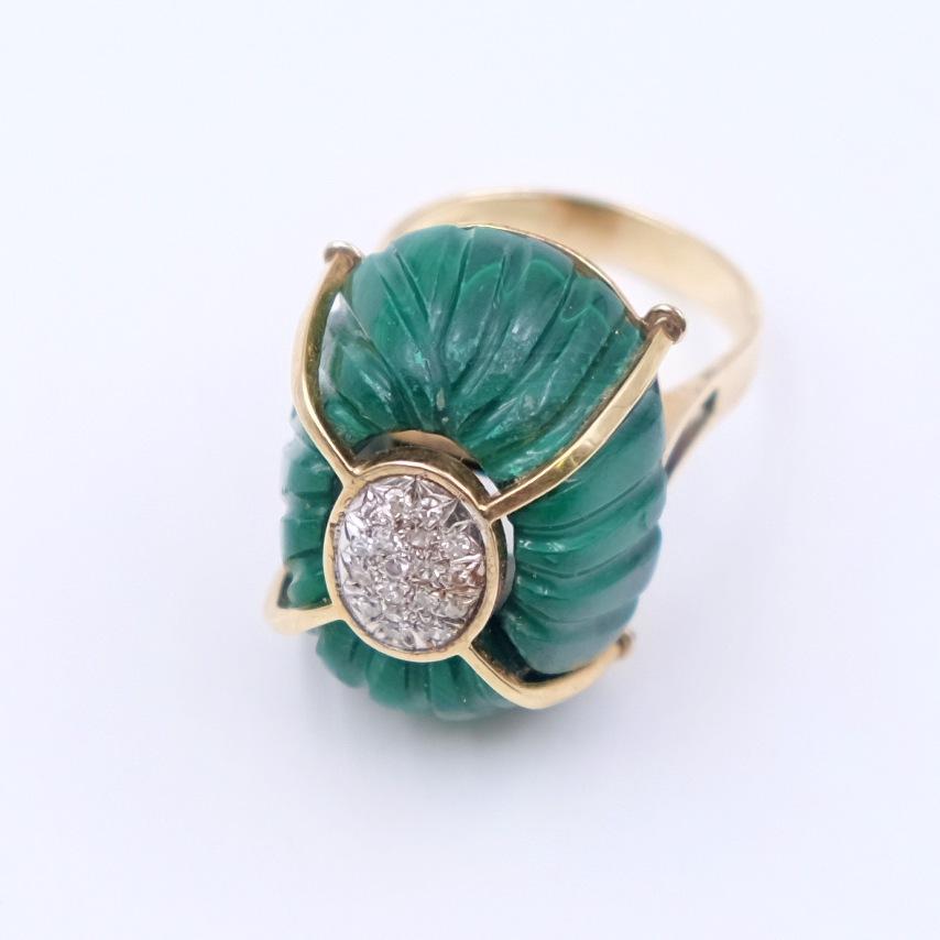 Vintage Cocktail Ring 14K Yellow Gold Diamonds Carved Malachite size 7-7.5 3