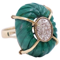 Vintage Cocktail Ring 14K Yellow Gold Diamonds Carved Malachite size 7-7.5