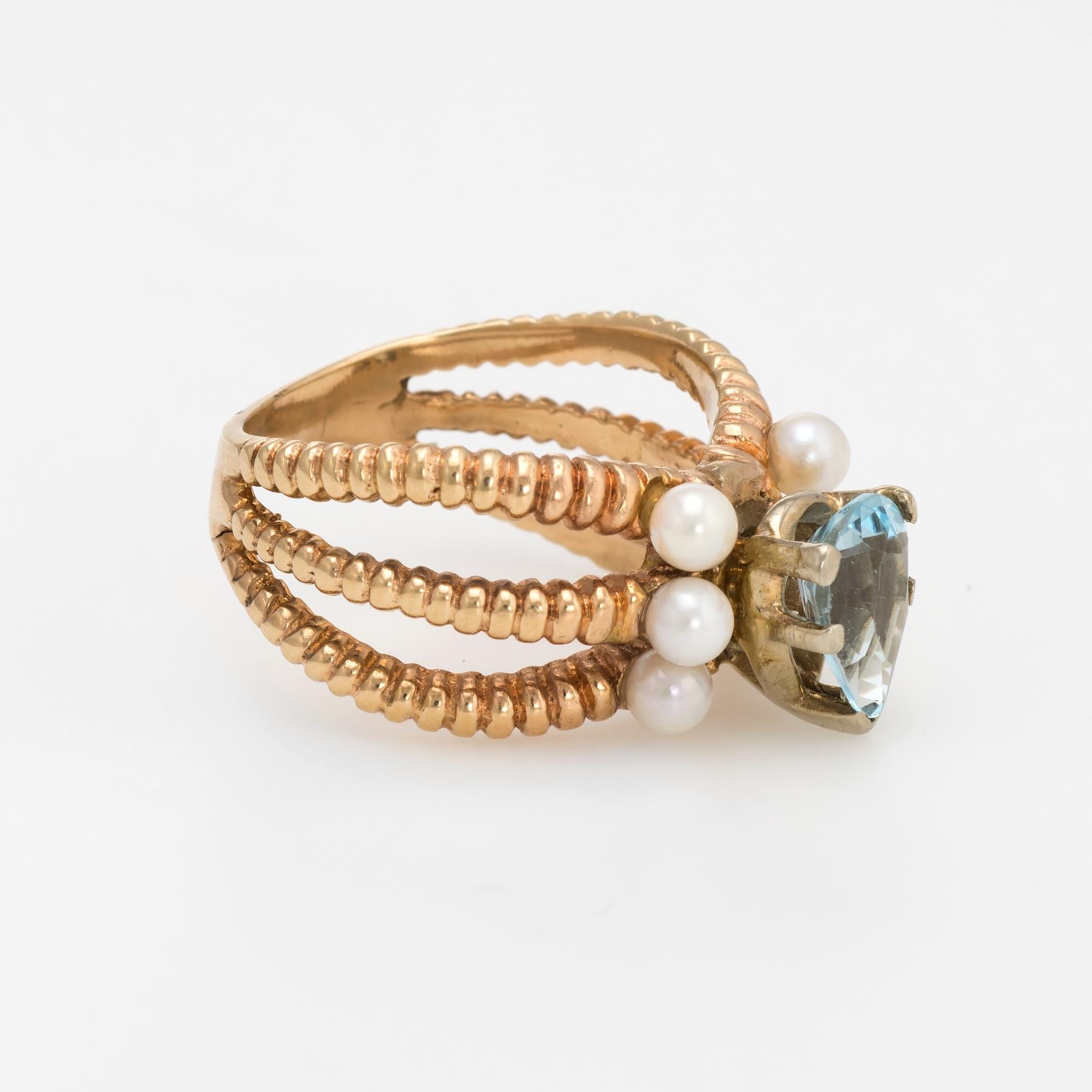 Modern Vintage Cocktail Ring Blue Topaz Cultured Pearl 14 Karat Gold Estate Jewelry