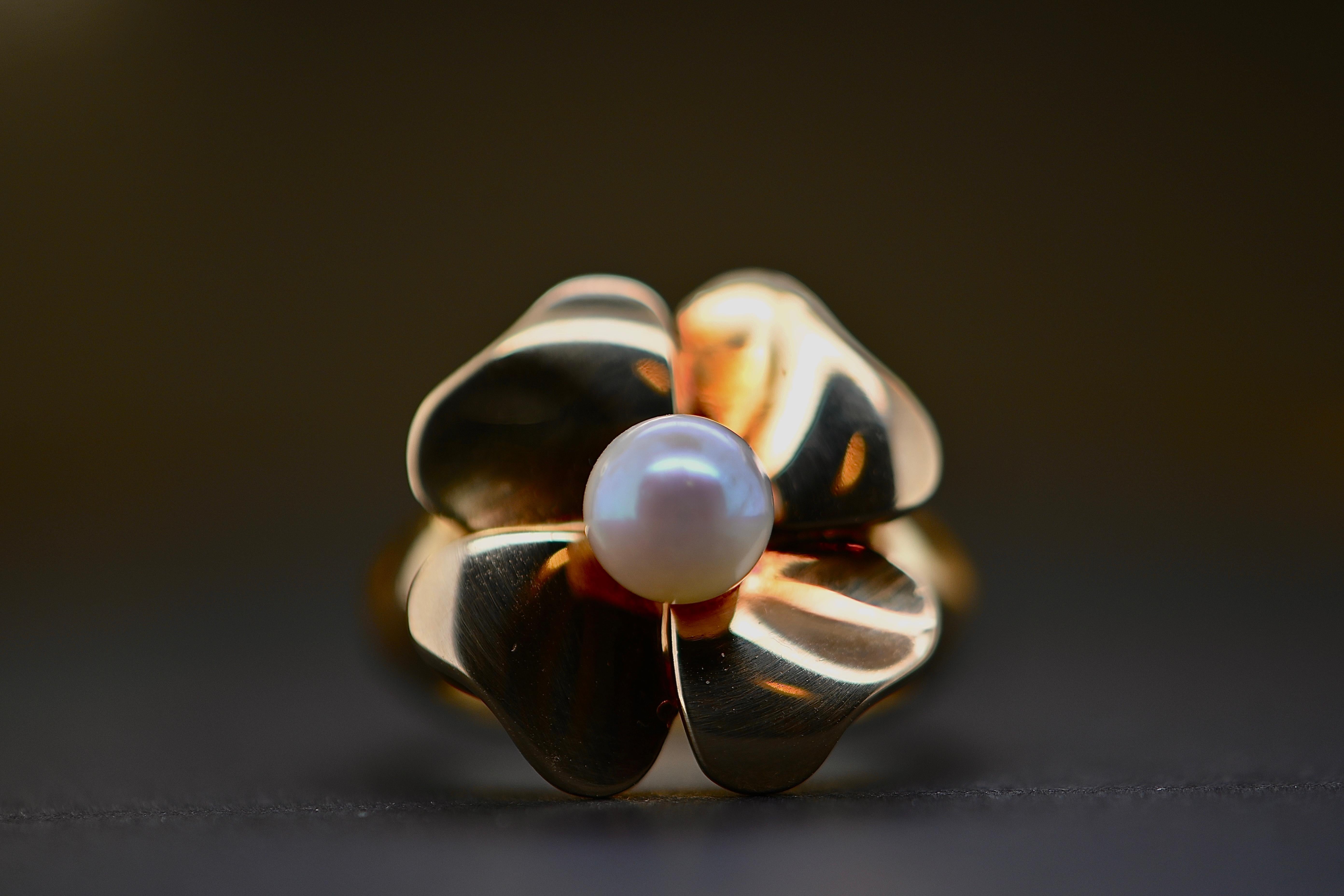 Vintage Cocktail Ring Blume Gelbgold mit Zuchtperle (Perle)