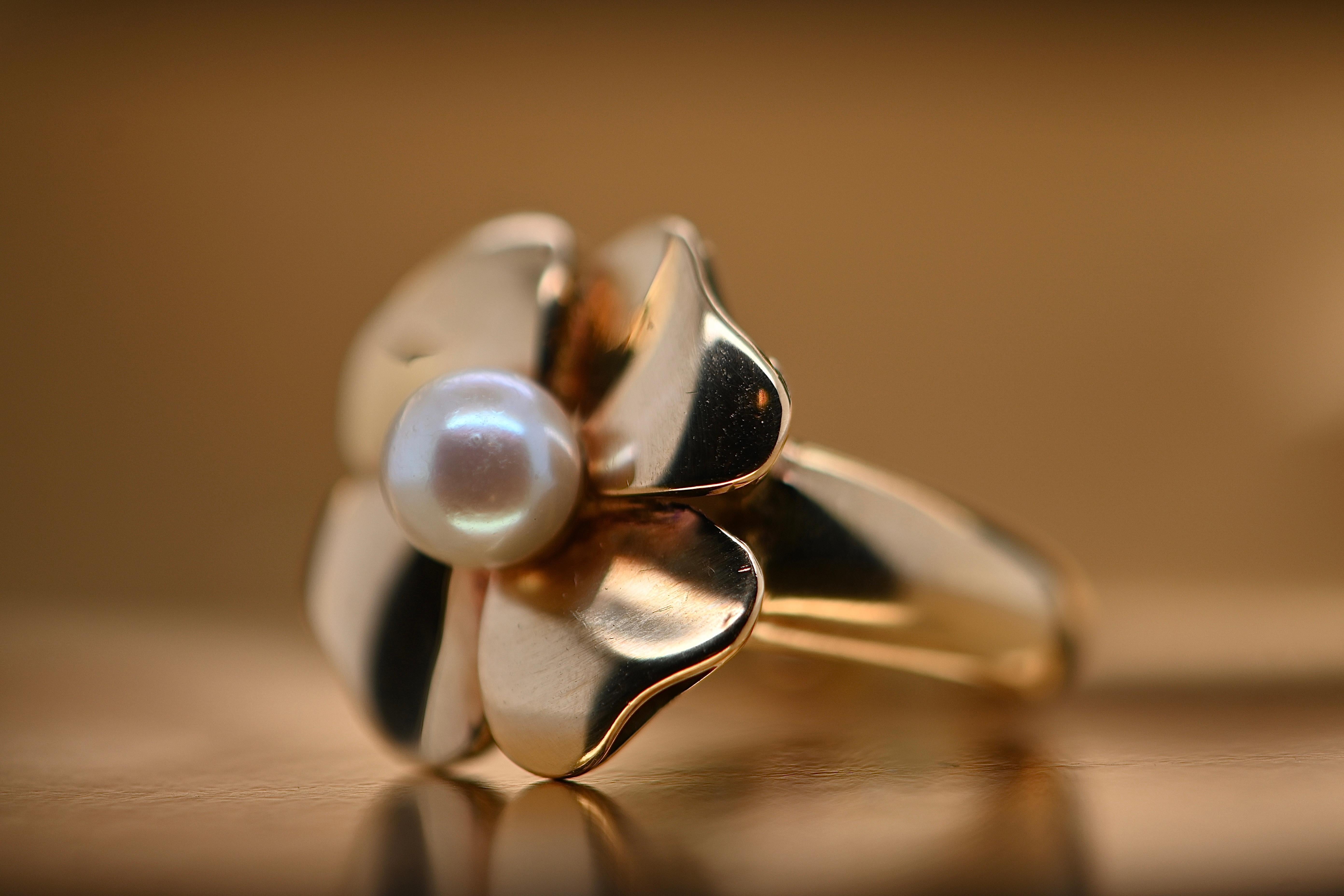 Vintage Cocktail Ring Blume Gelbgold mit Zuchtperle für Damen oder Herren