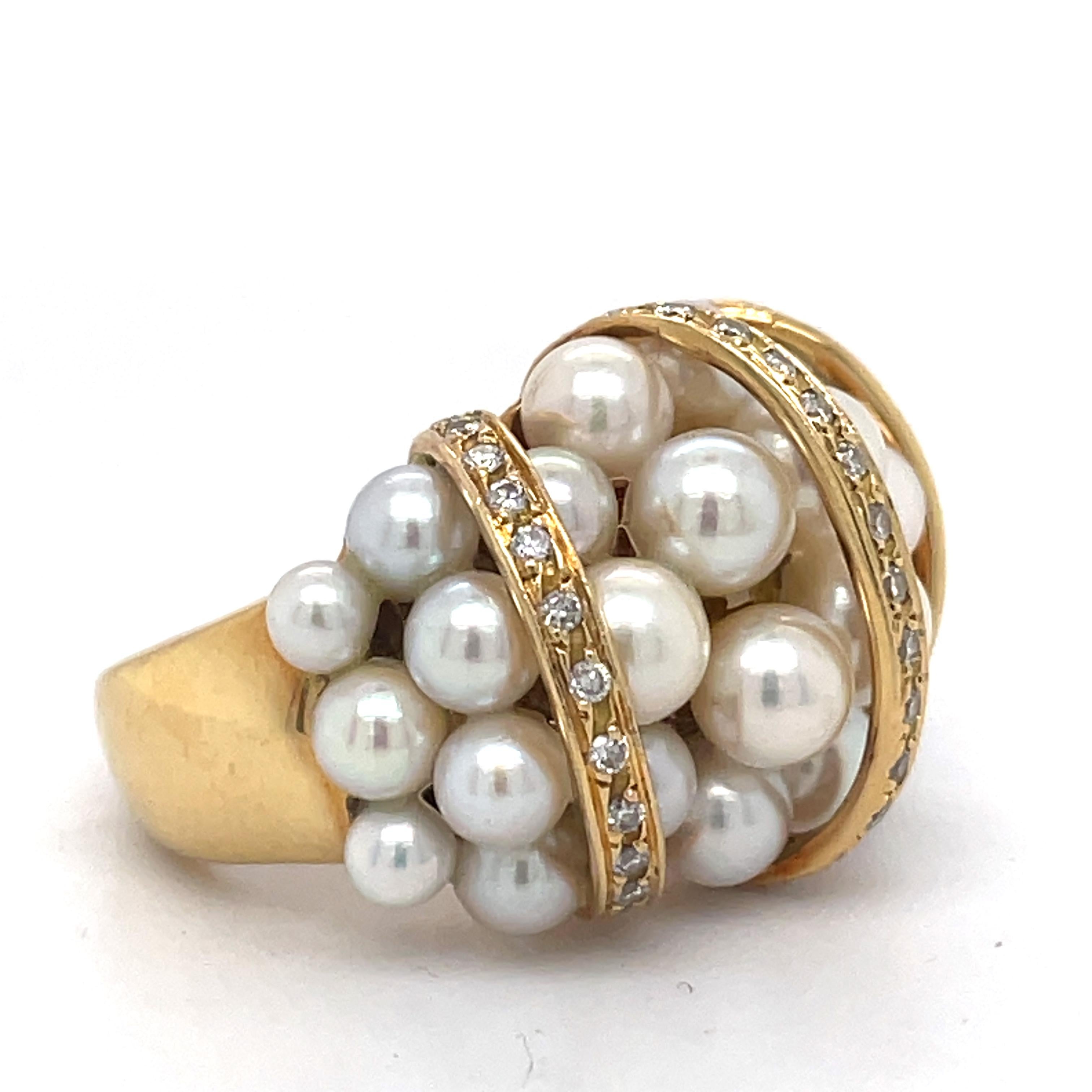Vintage Cocktail ring - Pearls and 0.5 CT Diamonds Dome Ring, 18K yellow gold  For Sale 2