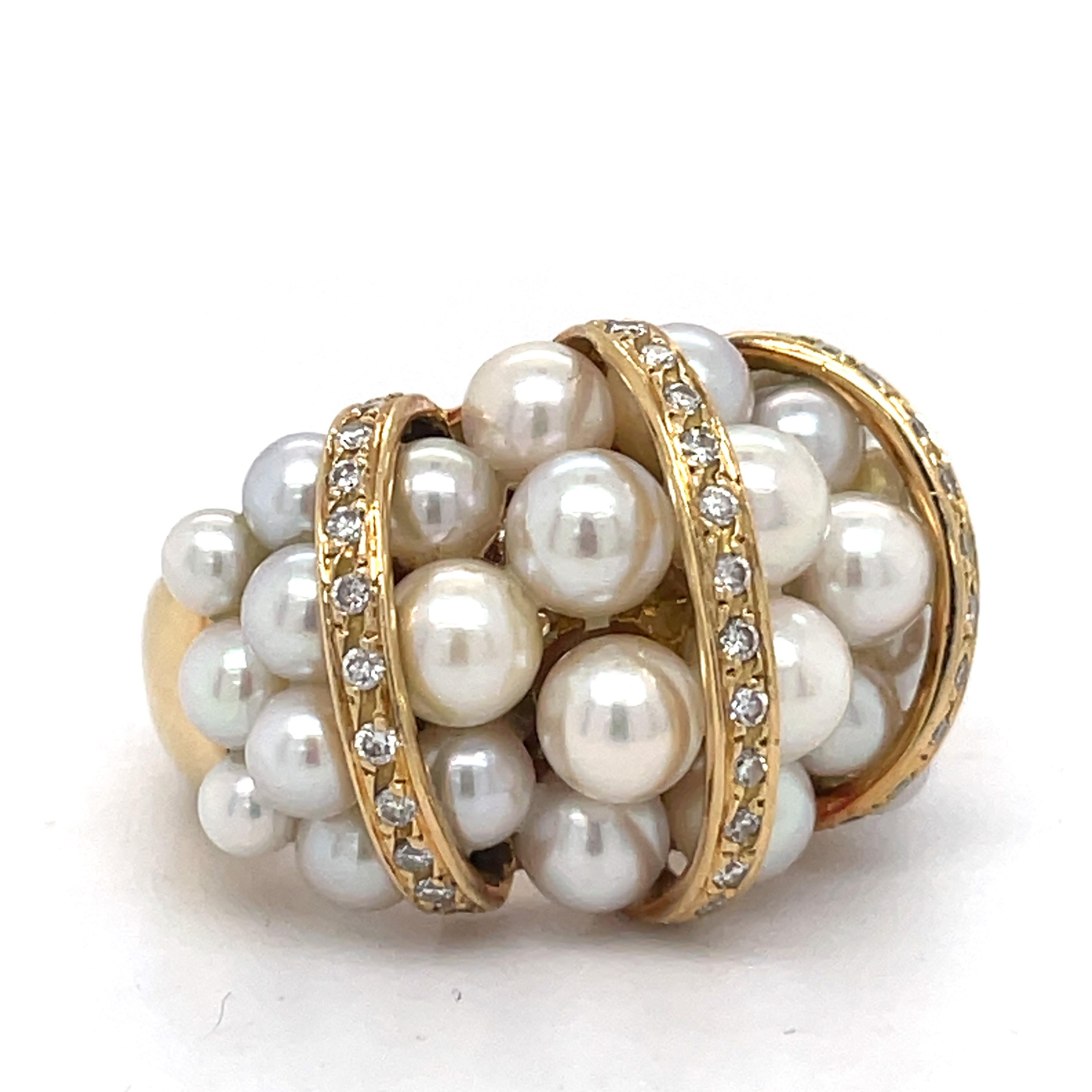 Vintage Cocktail ring - Pearls and 0.5 CT Diamonds Dome Ring, 18K yellow gold  For Sale 3