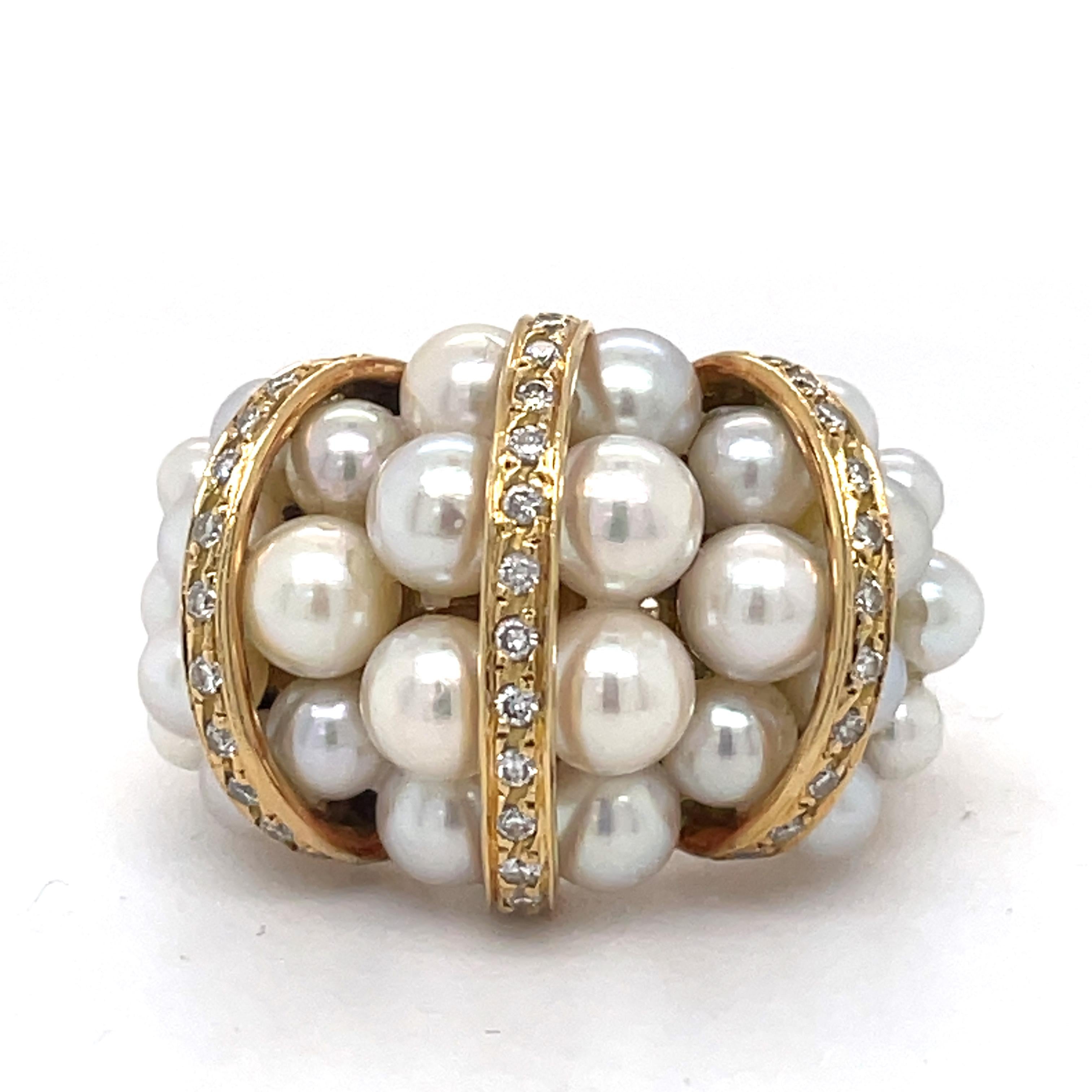 Vintage Cocktail ring - Pearls and 0.5 CT Diamonds Dome Ring, 18K yellow gold  For Sale 4