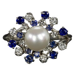 Vintage Cocktail Sapphire Diamond White Gold Ring