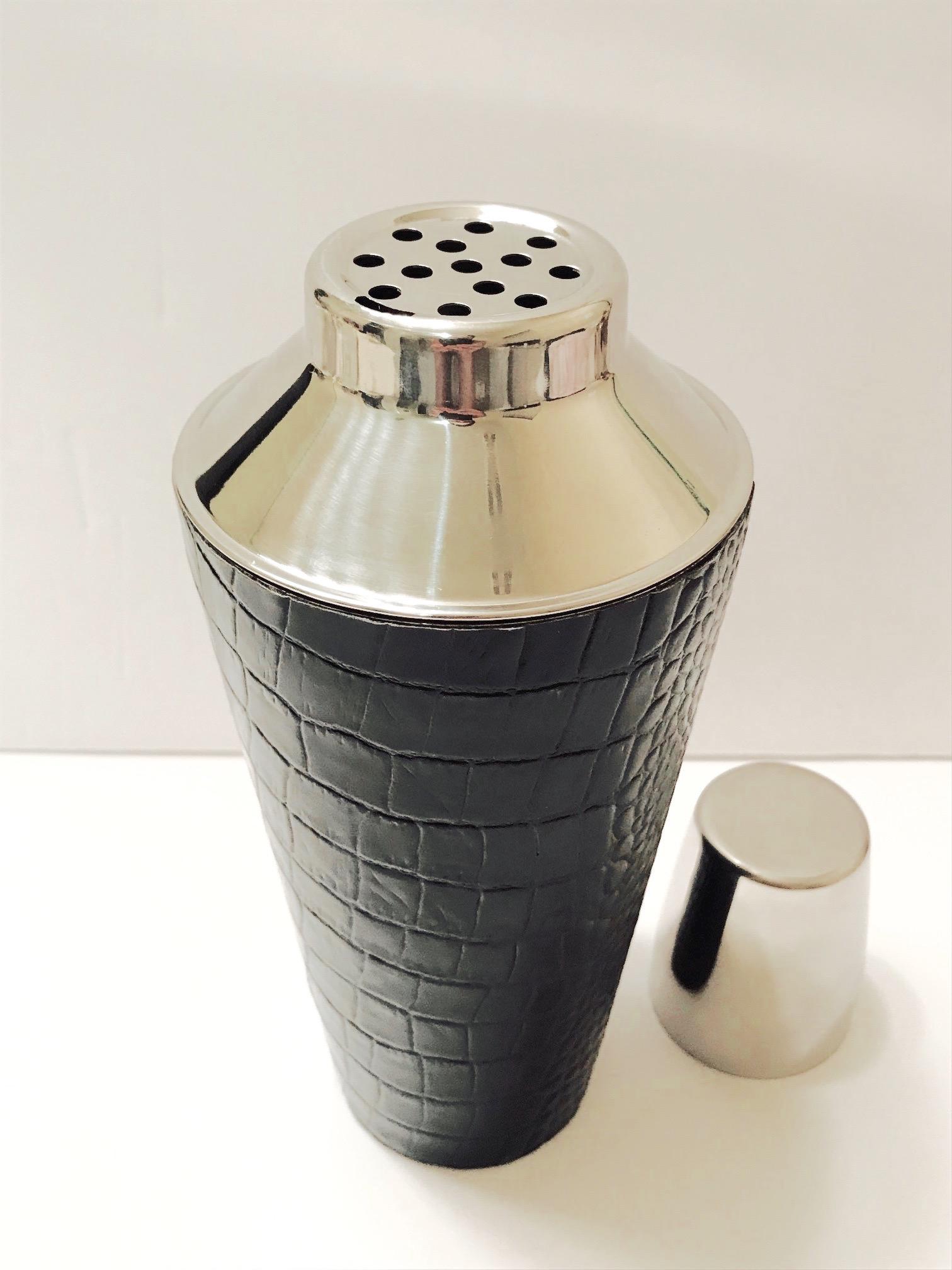 Mid-Century Modern Vintage Cocktail Shaker in Croc Embossed Leather and Stainless Steel