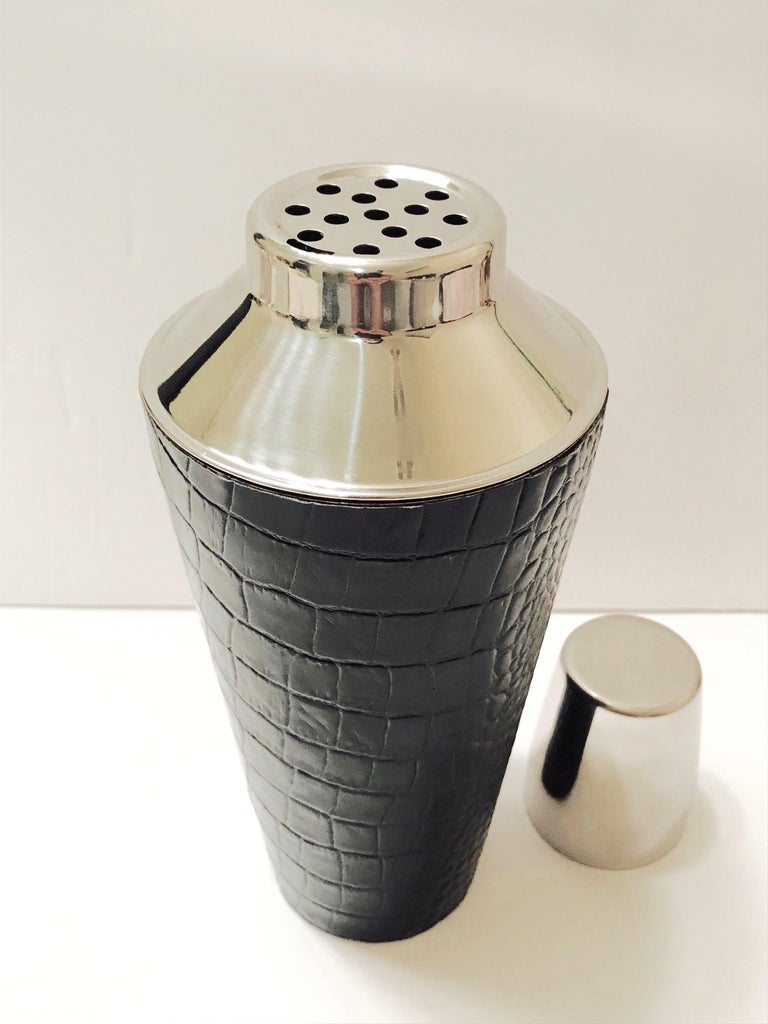 Vintage Cocktail Shaker in Croc Embossed Leather and Stainless Steel at