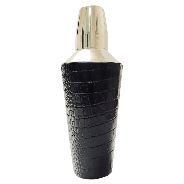 Vintage Cocktail Shaker in Croc Embossed Leather and Stainless Steel at