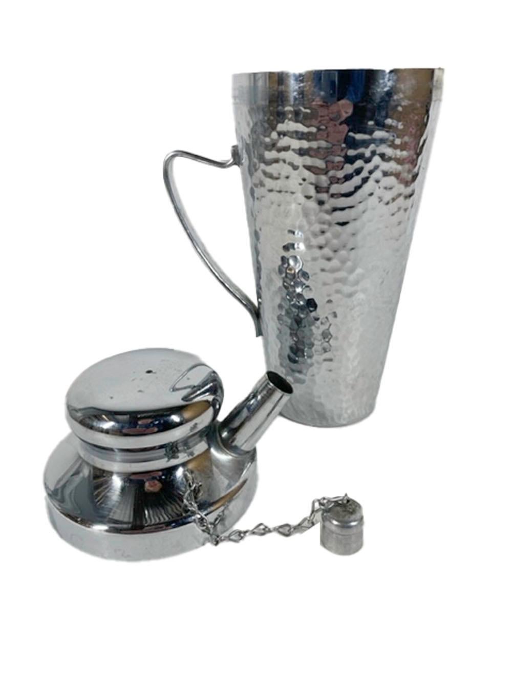 Mid-Century Modern Vintage Cocktail Shaker of Hammered Chrome with Spout Cap Chained to Lid