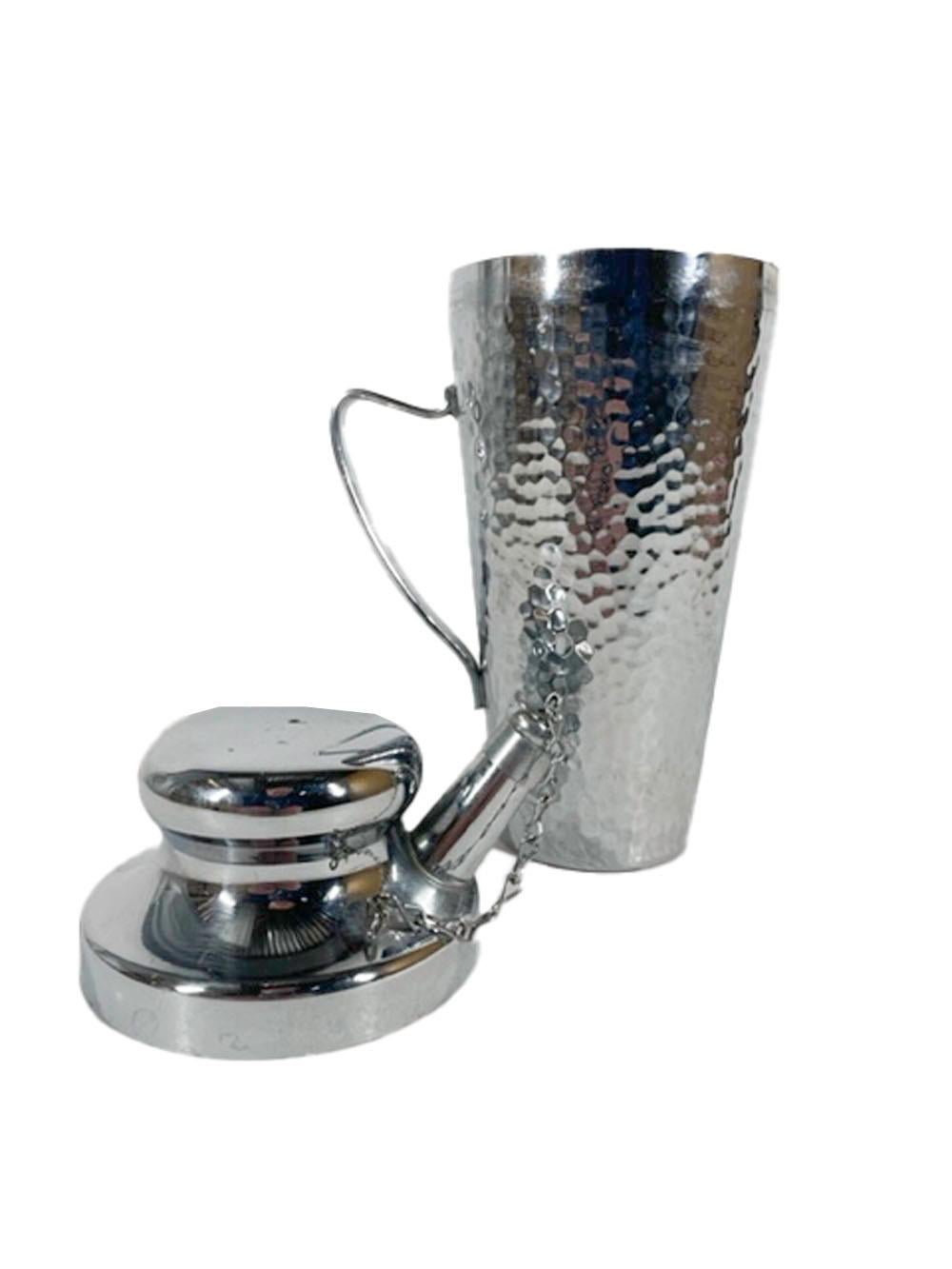 American Vintage Cocktail Shaker of Hammered Chrome with Spout Cap Chained to Lid