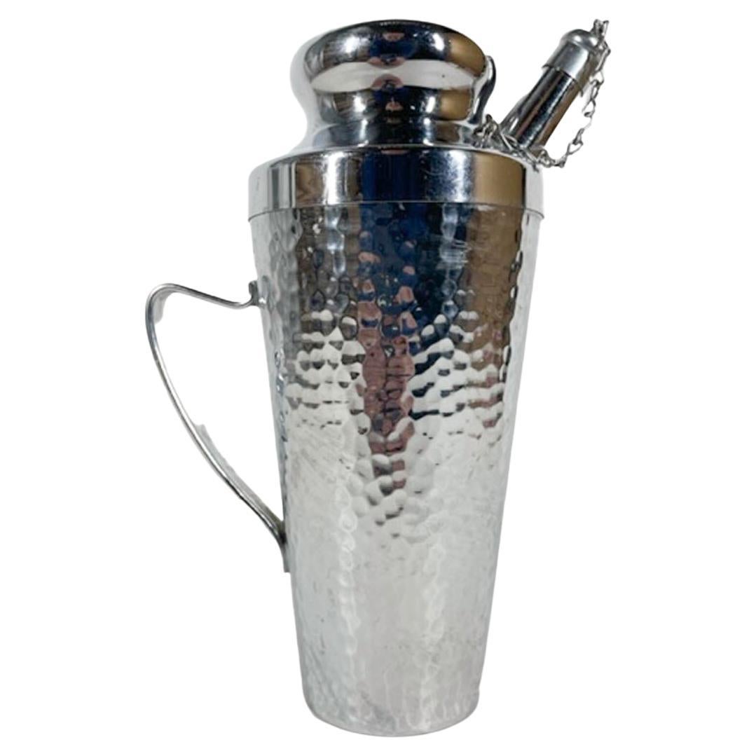 Vintage Cocktail Shaker of Hammered Chrome with Spout Cap Chained to Lid