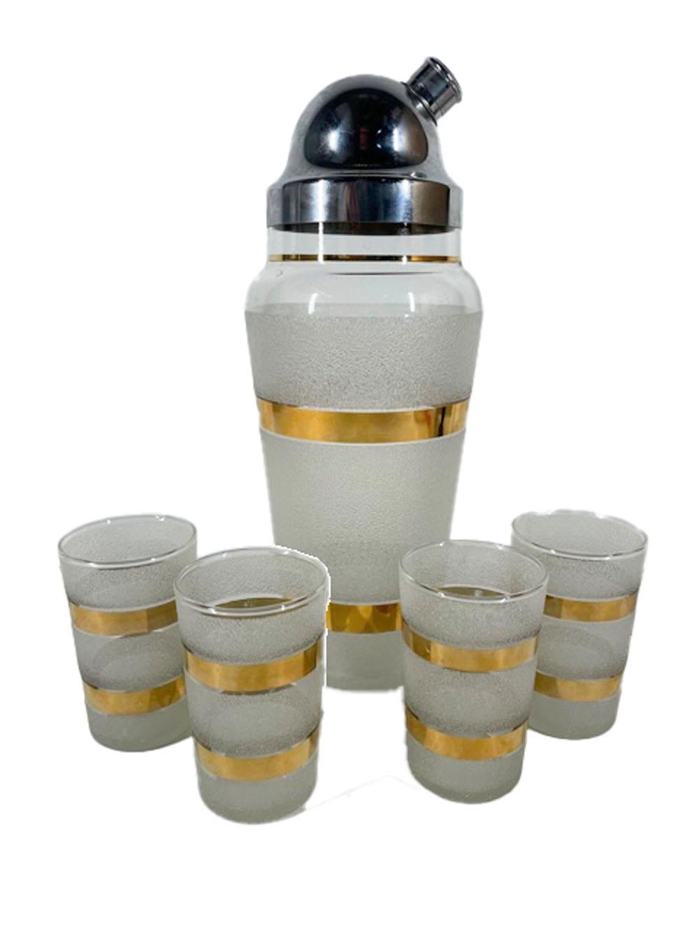 Art Deco Vintage Cocktail Shaker Set with Gold Bands and Textured Frosted Surface For Sale
