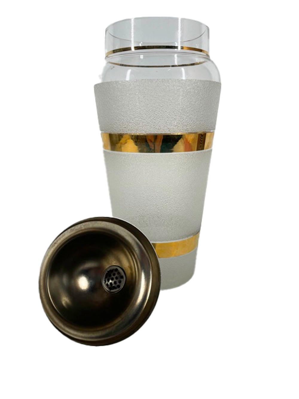 American Vintage Cocktail Shaker Set with Gold Bands and Textured Frosted Surface For Sale
