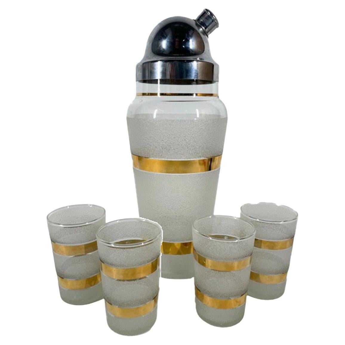 Vintage Cocktail Shaker Set with Gold Bands and Textured Frosted Surface For Sale