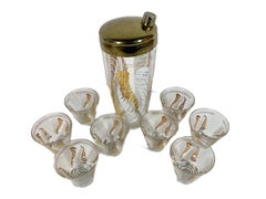 Vintage Cocktail Shaker Set with White and Gold Leaf Motif Signed Lex Kuznak