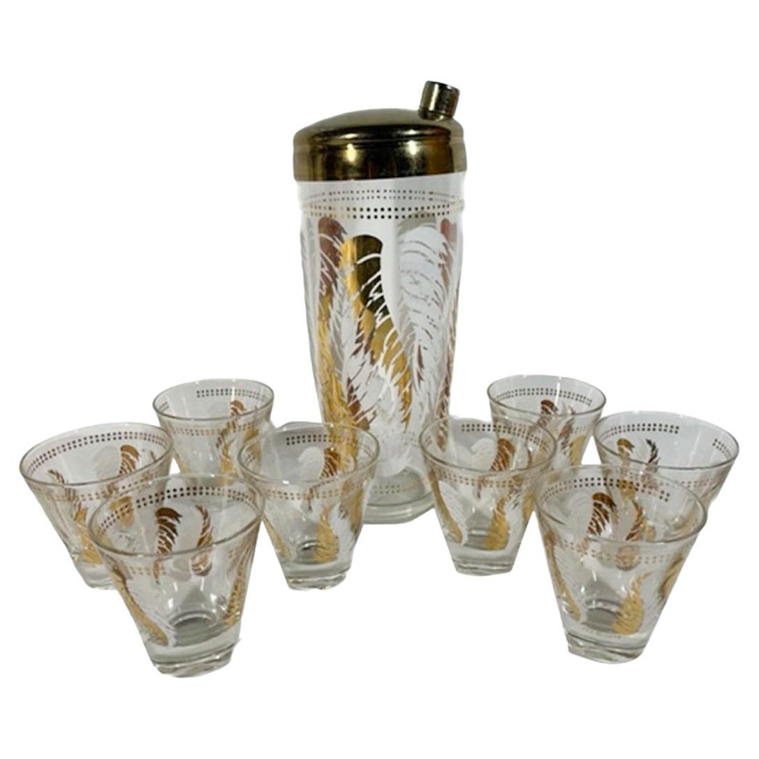 Vintage Cocktail Shaker Set with White and Gold Leaf Motif Signed Lex Kuznak
