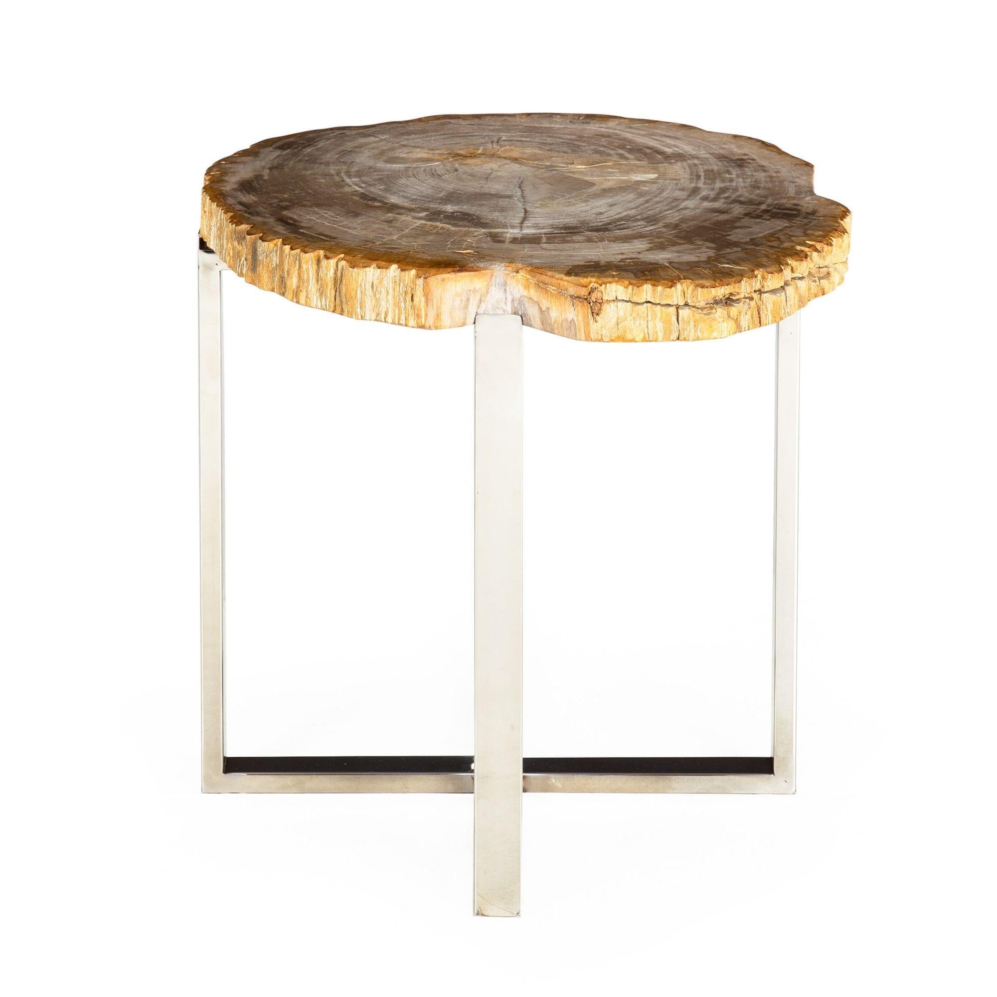 Modern Vintage Cocktail Side Table, Chrome Steel with Polished Petrified Wood Top For Sale