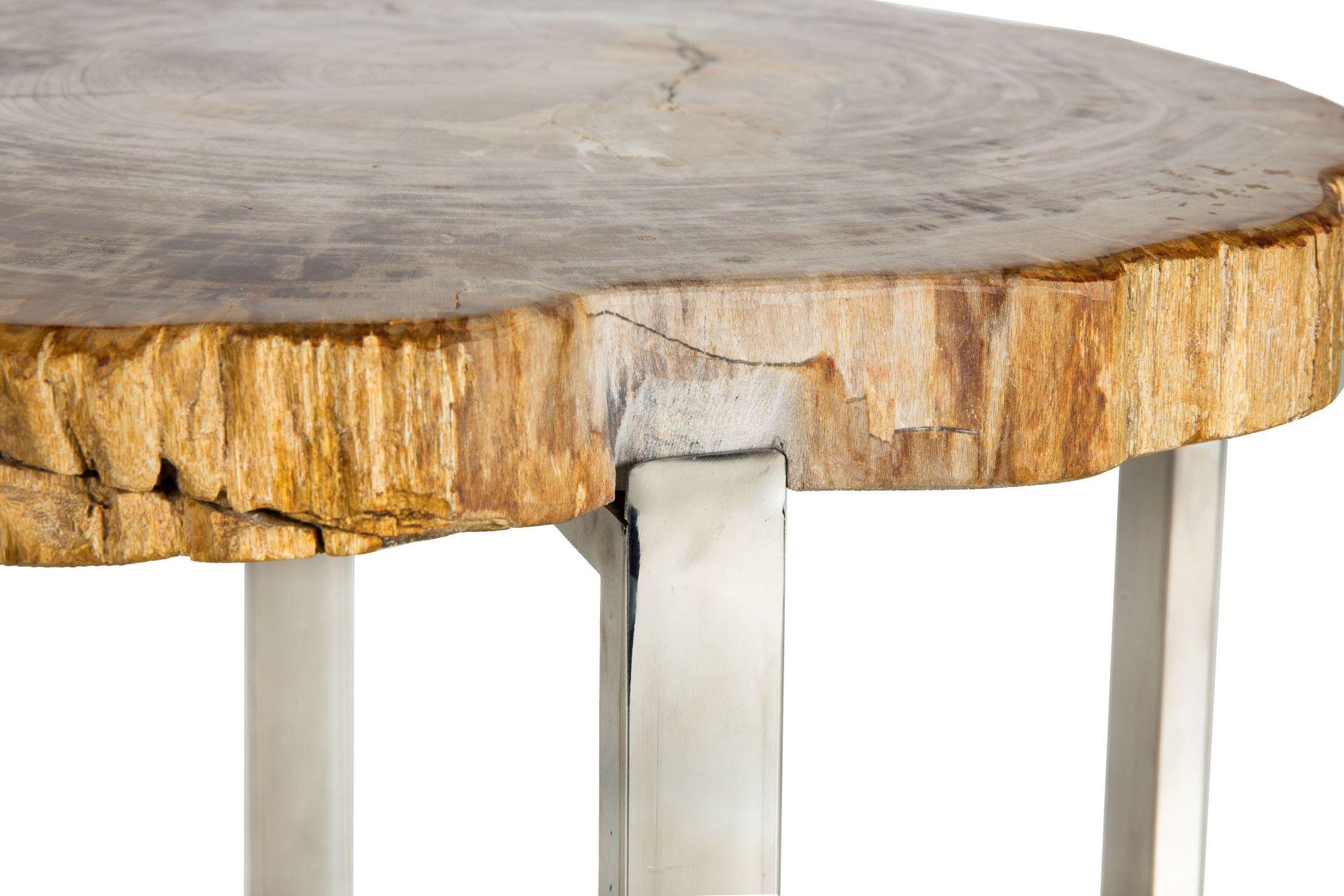 Vintage Cocktail Side Table, Chrome Steel with Polished Petrified Wood Top For Sale 3