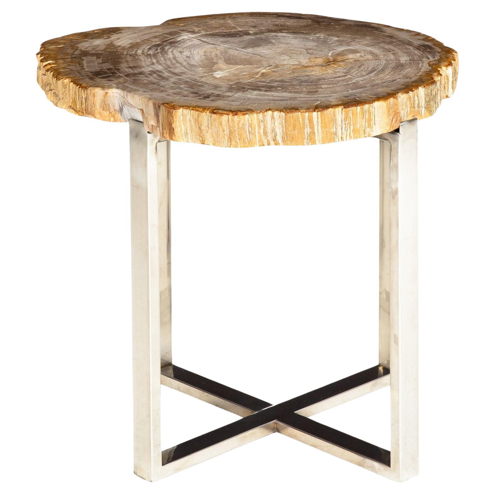 Vintage Cocktail Side Table, Chrome Steel with Polished Petrified Wood Top For Sale