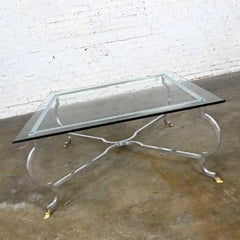 Vintage Cocktail Table Polished Aluminum Base & Brass Hoof Feet Style La Barge