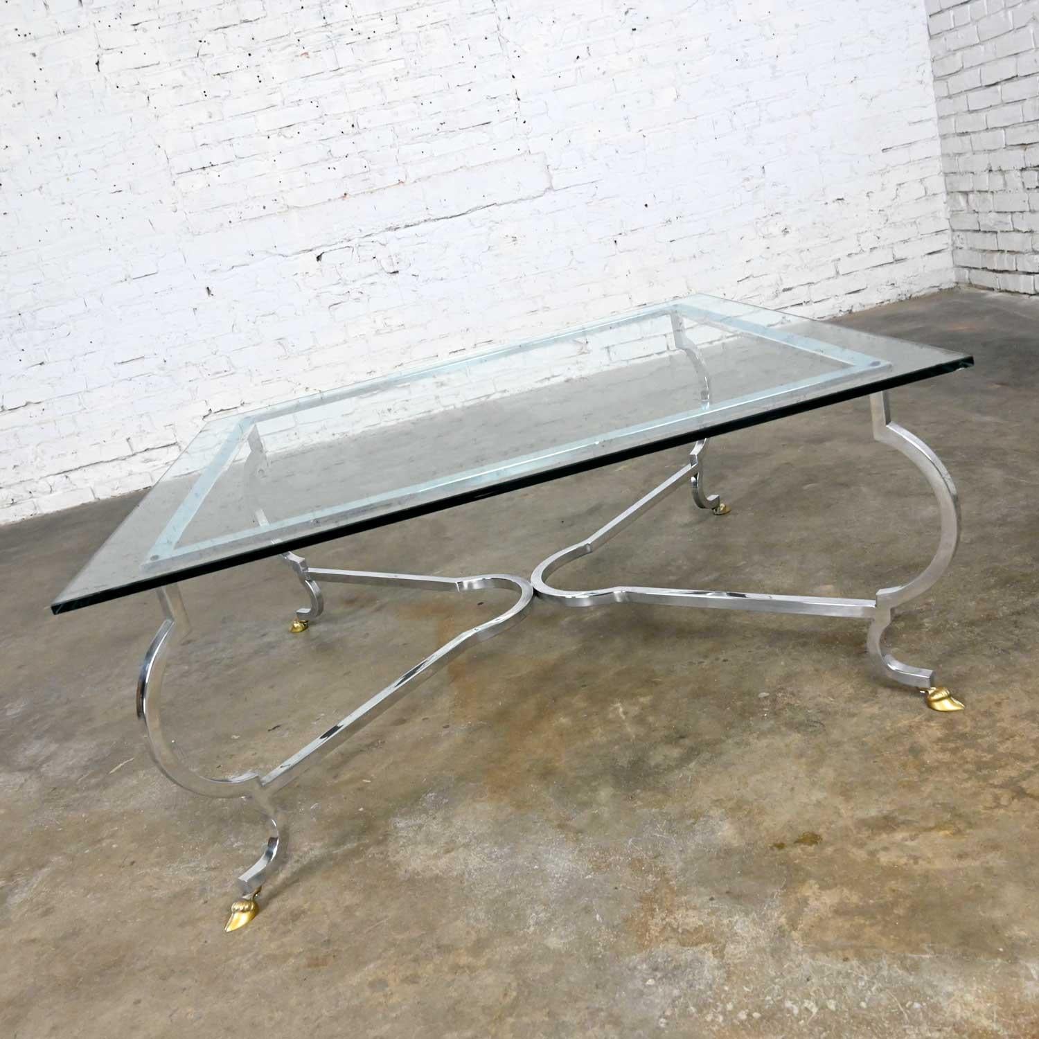American Vintage Cocktail Table Polished Aluminum Base & Brass Hoof Feet Style La Barge For Sale