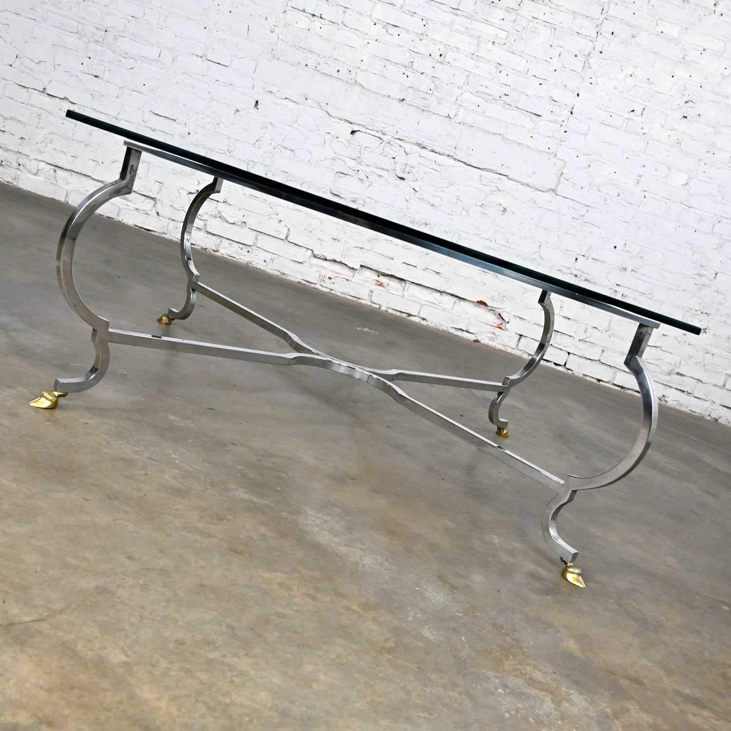 Vintage Cocktail Table Polished Aluminum Base & Brass Hoof Feet Style La Barge In Good Condition For Sale In Topeka, KS