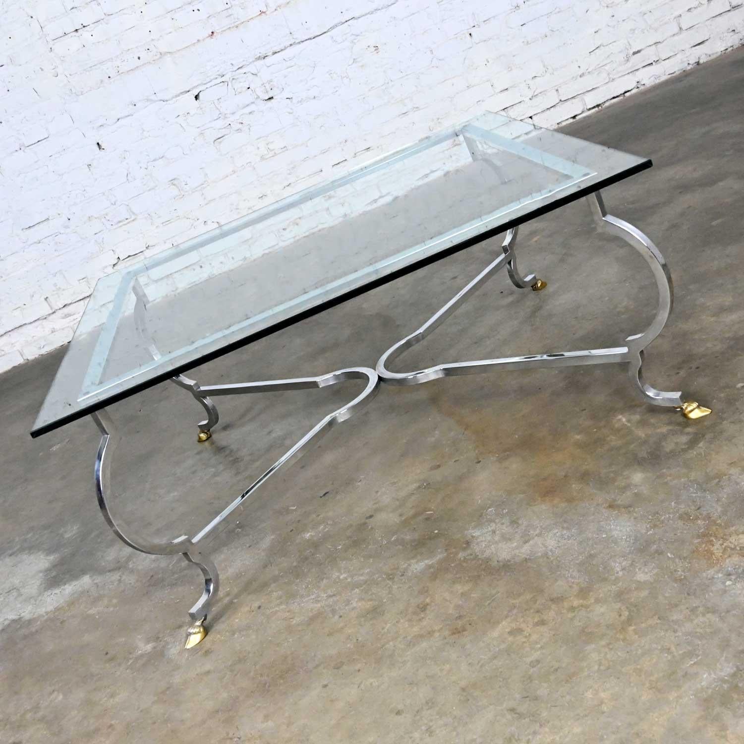 Late 20th Century Vintage Cocktail Table Polished Aluminum Base & Brass Hoof Feet Style La Barge For Sale