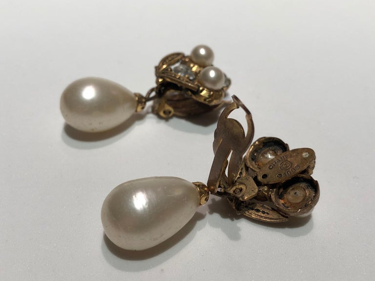 Vintage Coco Chanel Baroque Pearl Diamanté Statement Earrings For Sale at 1stdibs