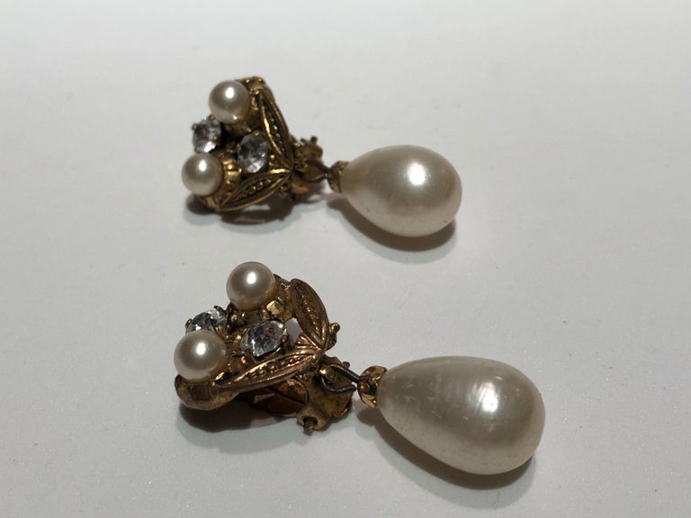 Vintage Coco Chanel Baroque Pearl Diamanté Statement Earrings For Sale at 1stdibs