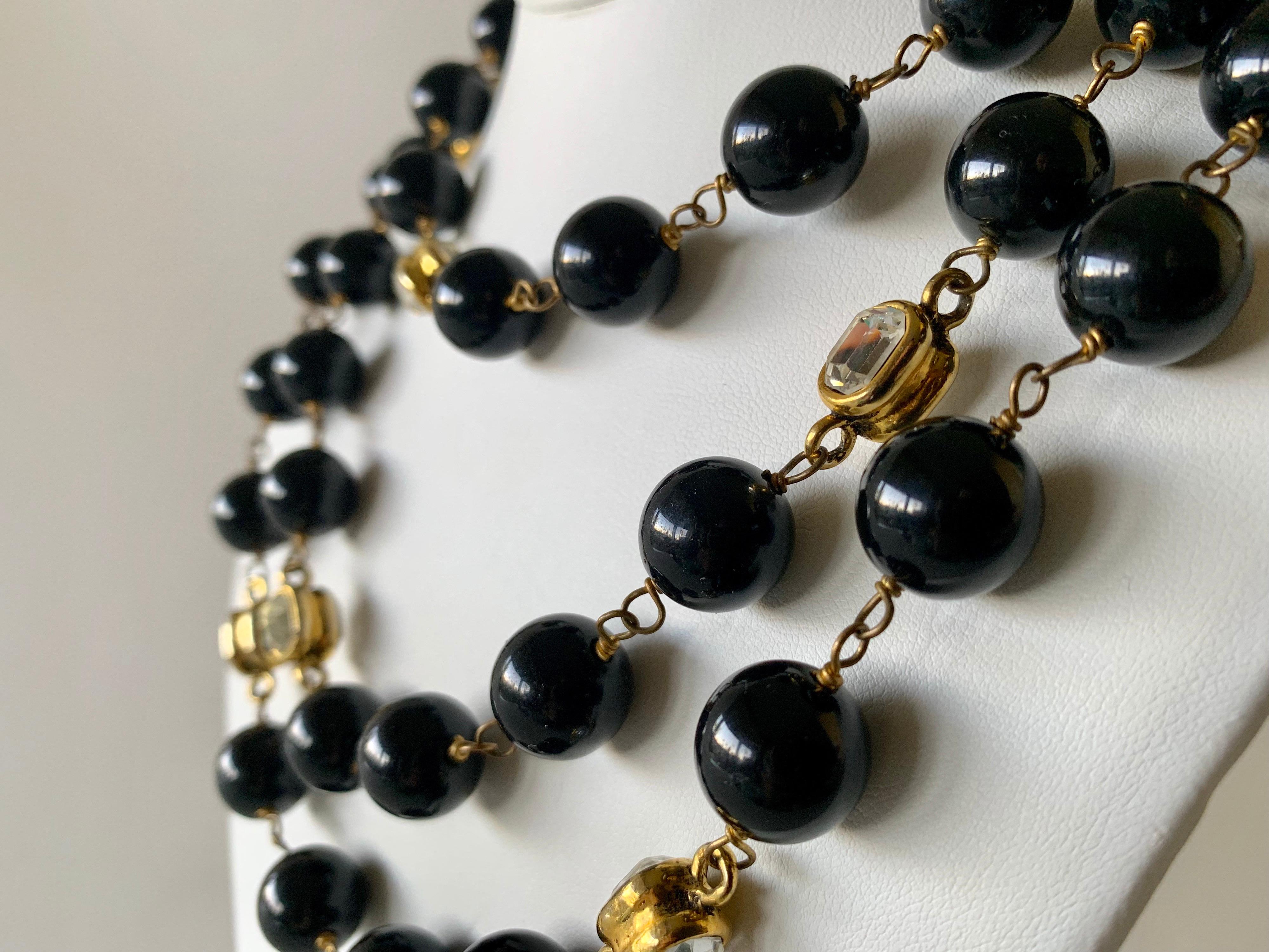 Vintage Coco Chanel Black Gilt Diamanté Statement Necklace “Sautoir” 3