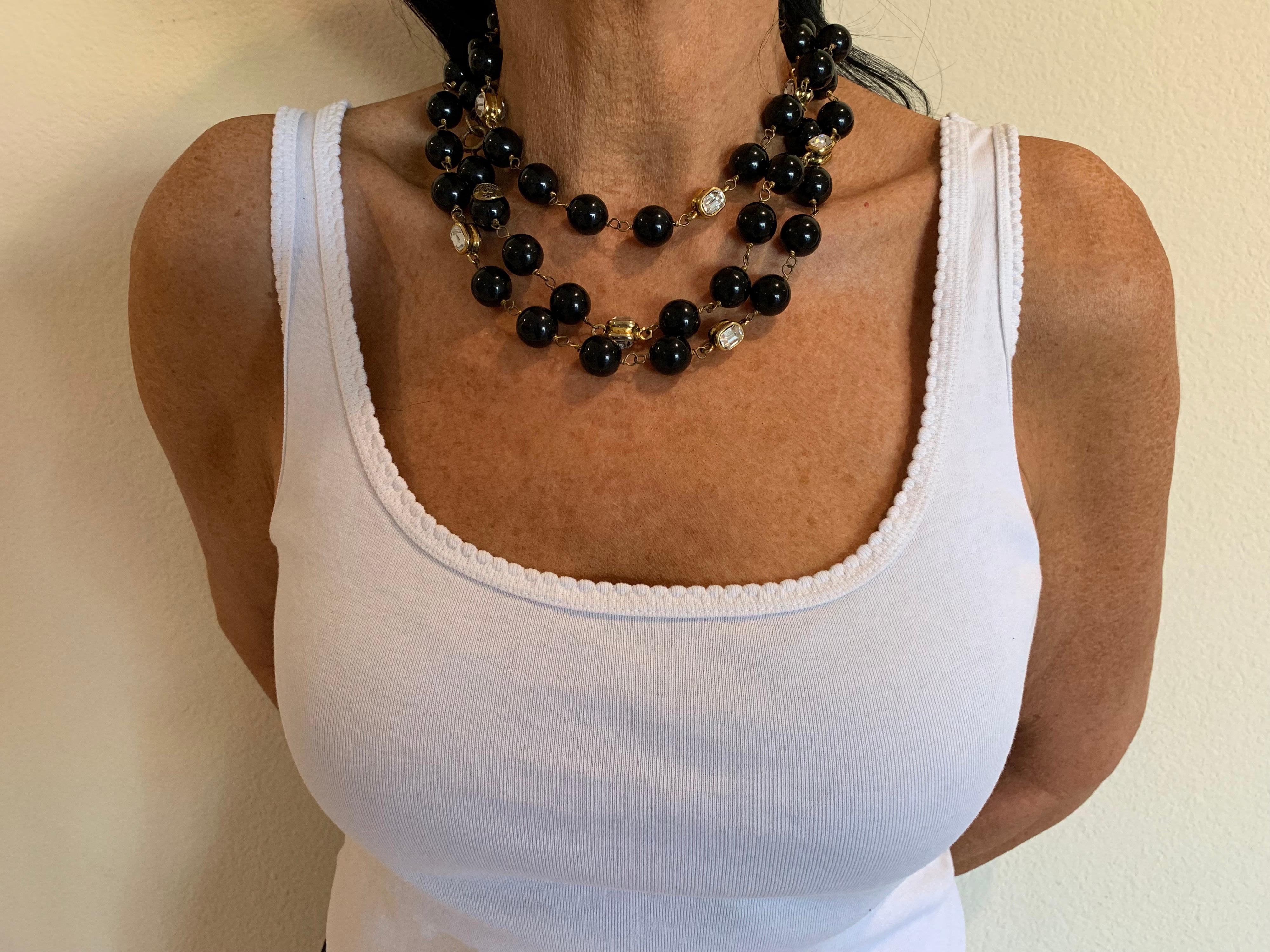Vintage Coco Chanel Black Gilt Diamanté Statement Necklace “Sautoir” In Excellent Condition In Palm Springs, CA