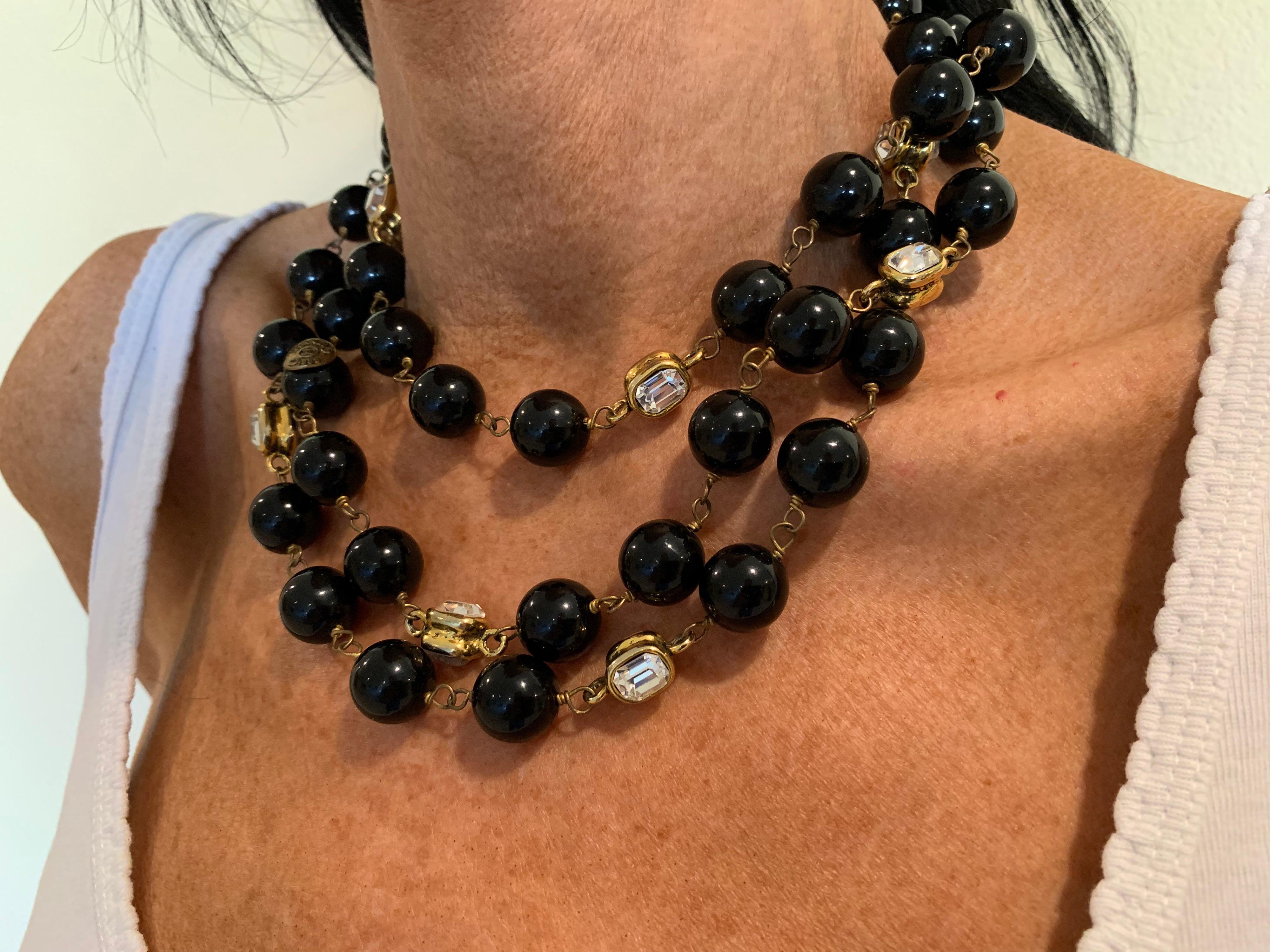 Women's Vintage Coco Chanel Black Gilt Diamanté Statement Necklace “Sautoir”