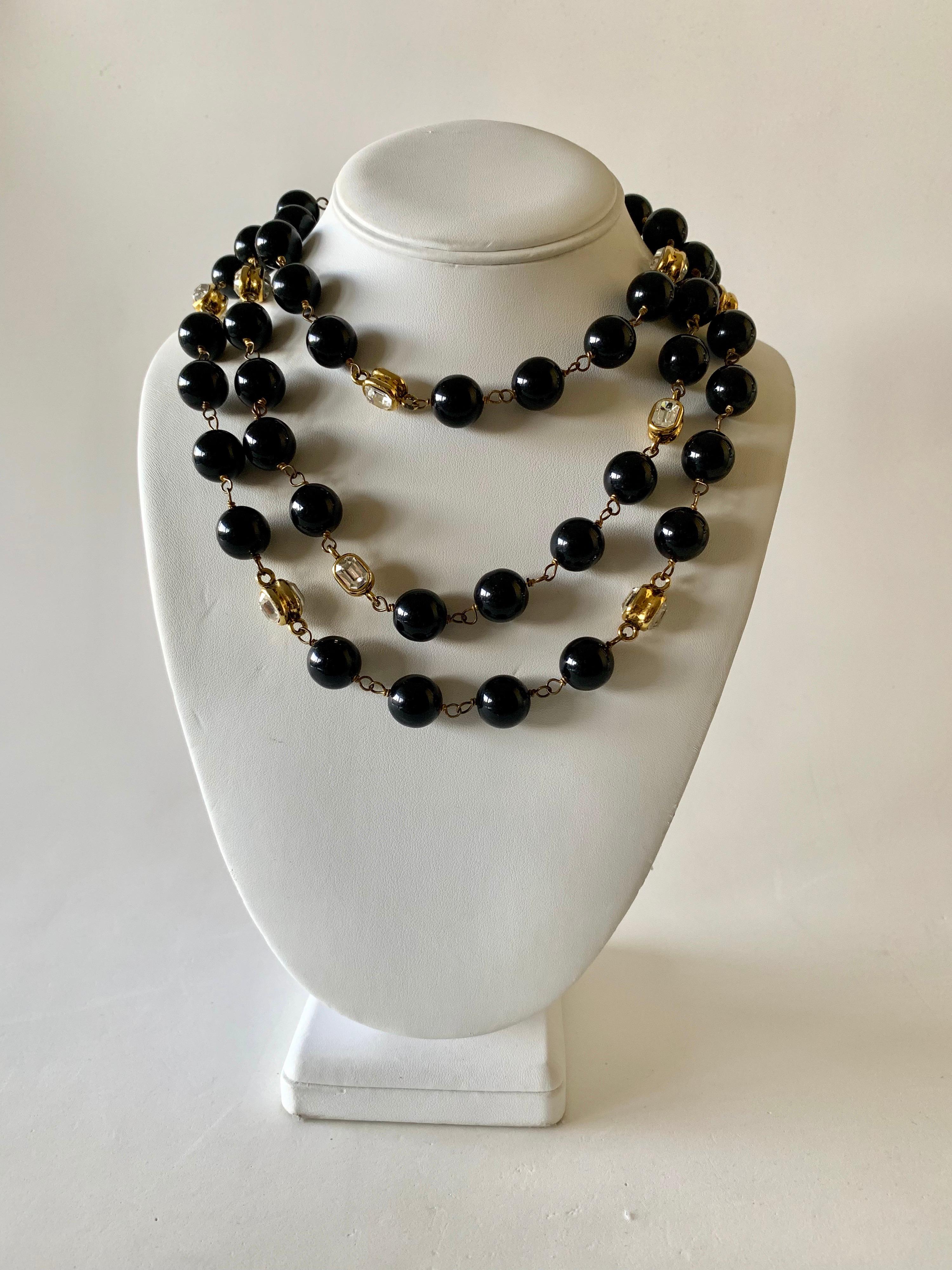 Vintage Coco Chanel Black Gilt Diamanté Statement Necklace “Sautoir” 1