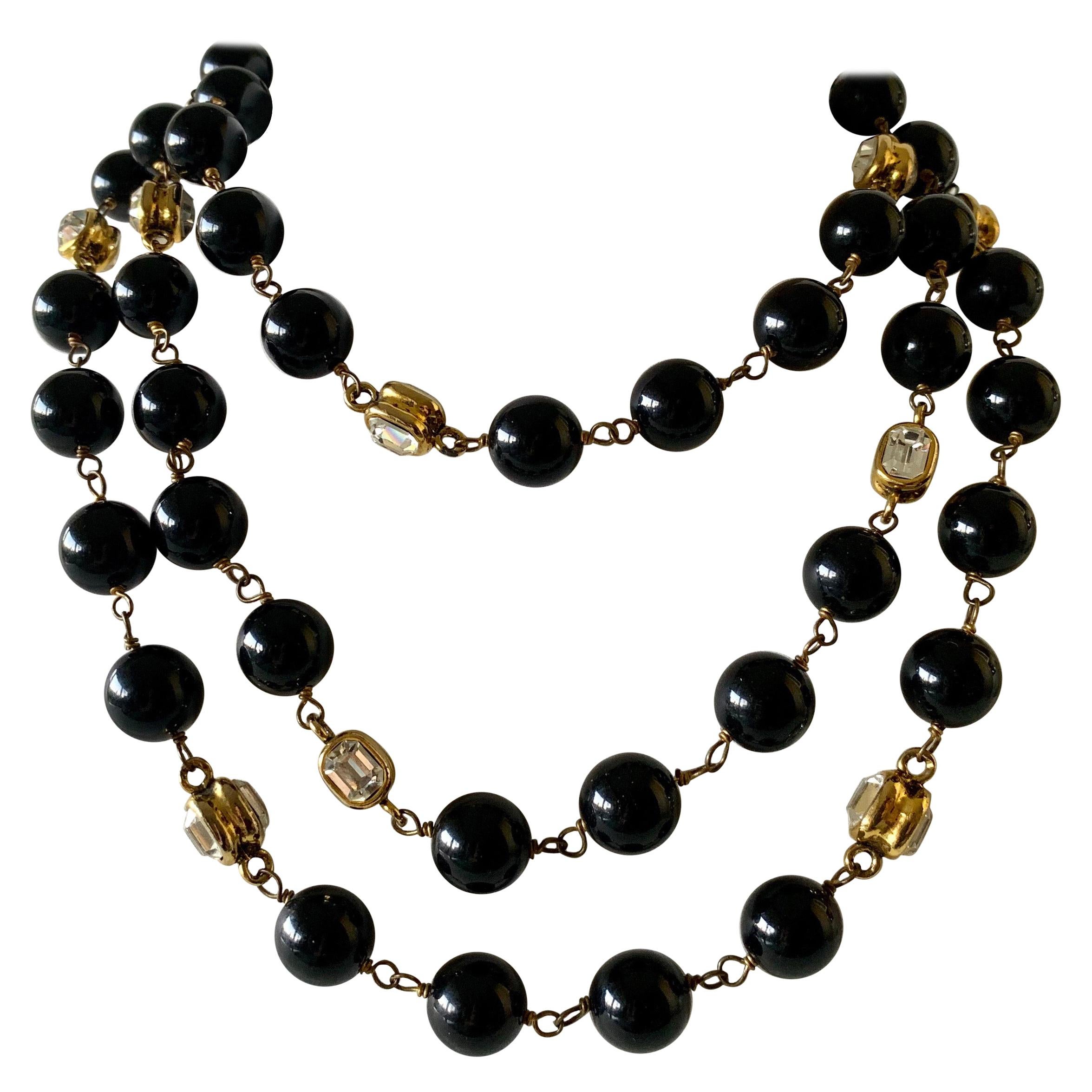 Vintage Coco Chanel Black Gilt Diamanté Statement Necklace “Sautoir”