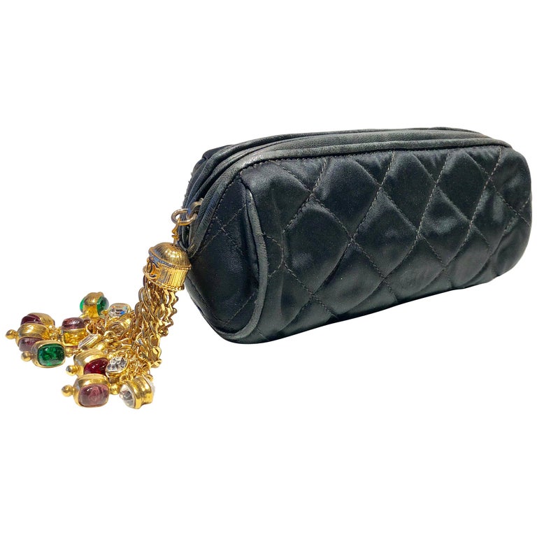 Vintage Coco Chanel Black Satin Gold Tassel Gripoix Evening Bag