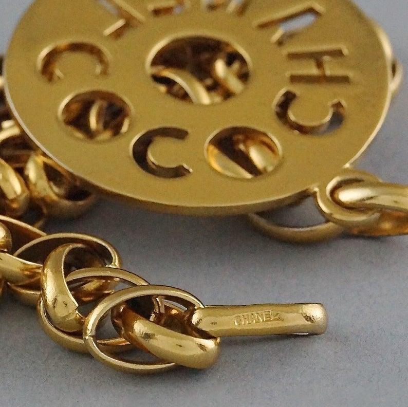Vintage COCO CHANEL Cutout Openwork Logo Medallion Inès de la Fressange Necklace 5