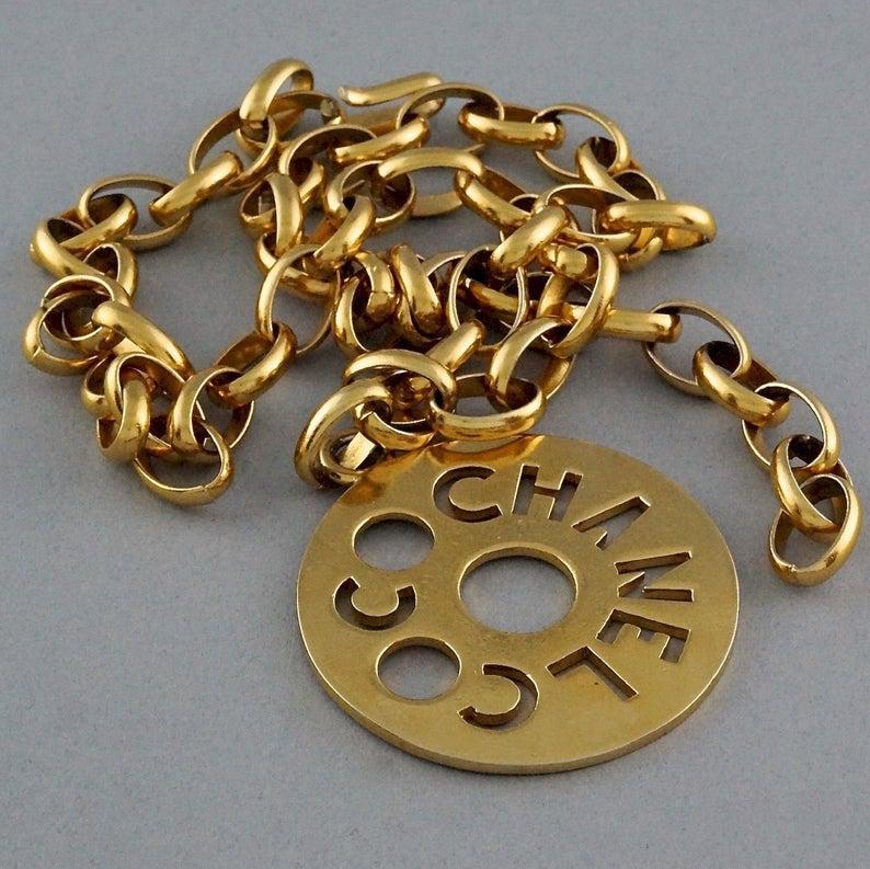 Vintage COCO CHANEL Cutout Openwork Logo Medallion Inès de la Fressange Necklace 2