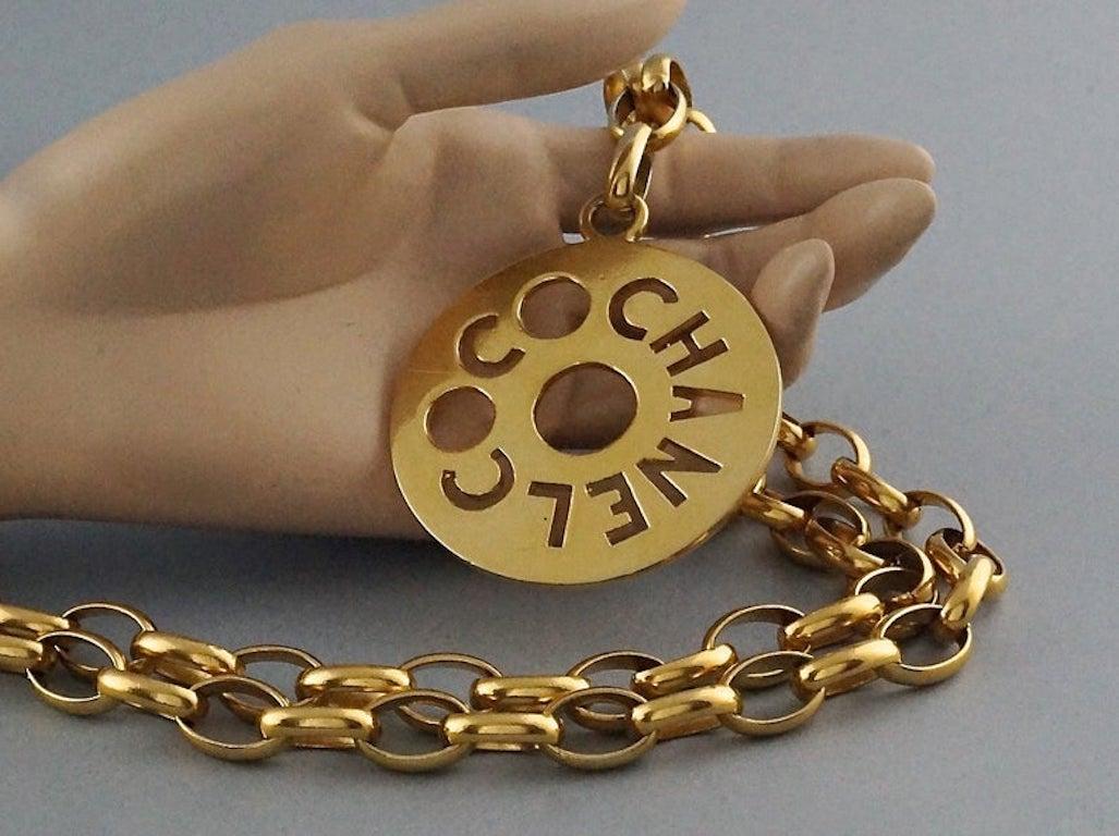 Vintage COCO CHANEL Cutout Openwork Logo Medallion Inès de la Fressange Necklace 4