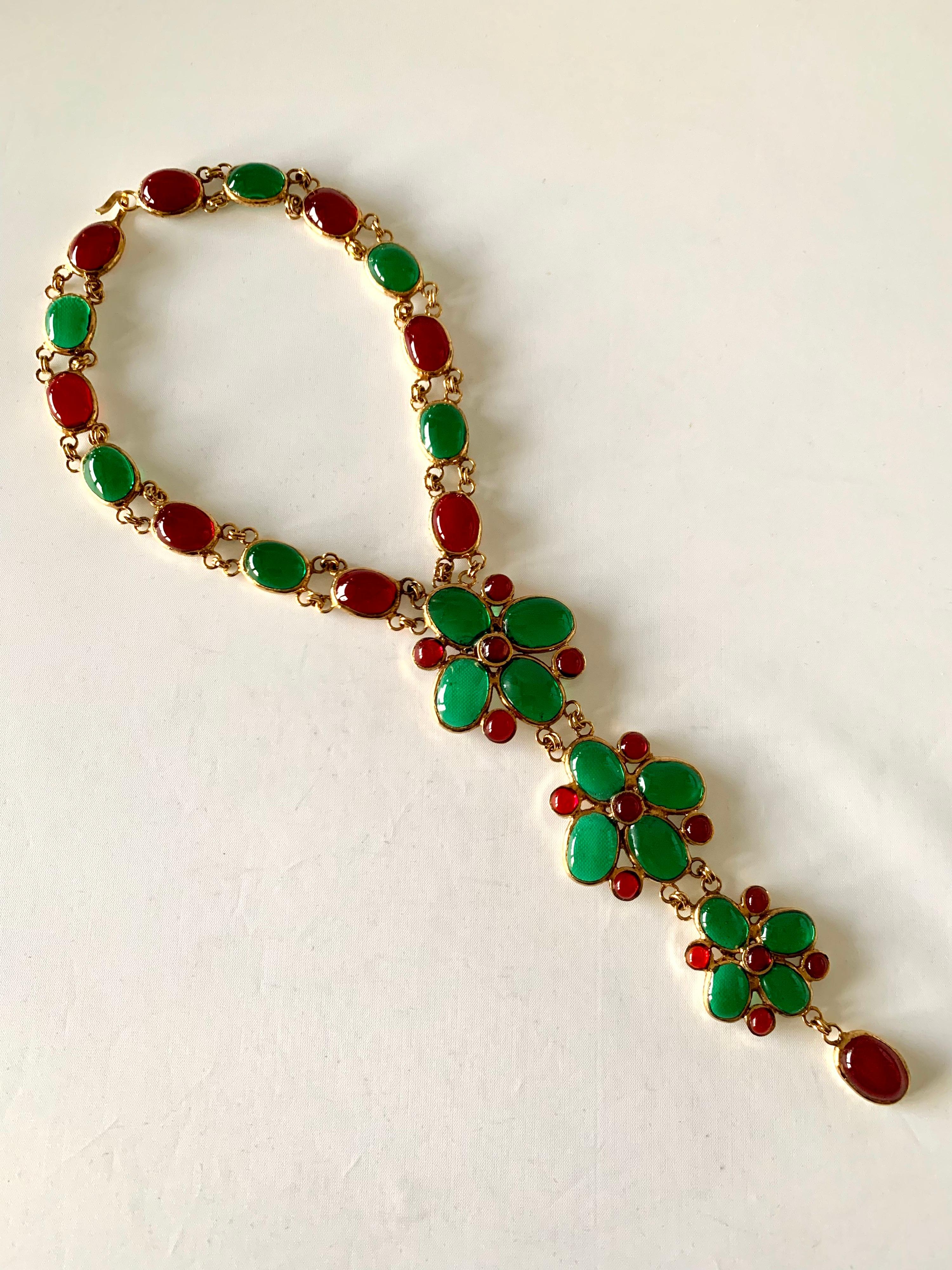 Byzantine Vintage Coco Chanel Gilt, Green and Red Statement Necklace
