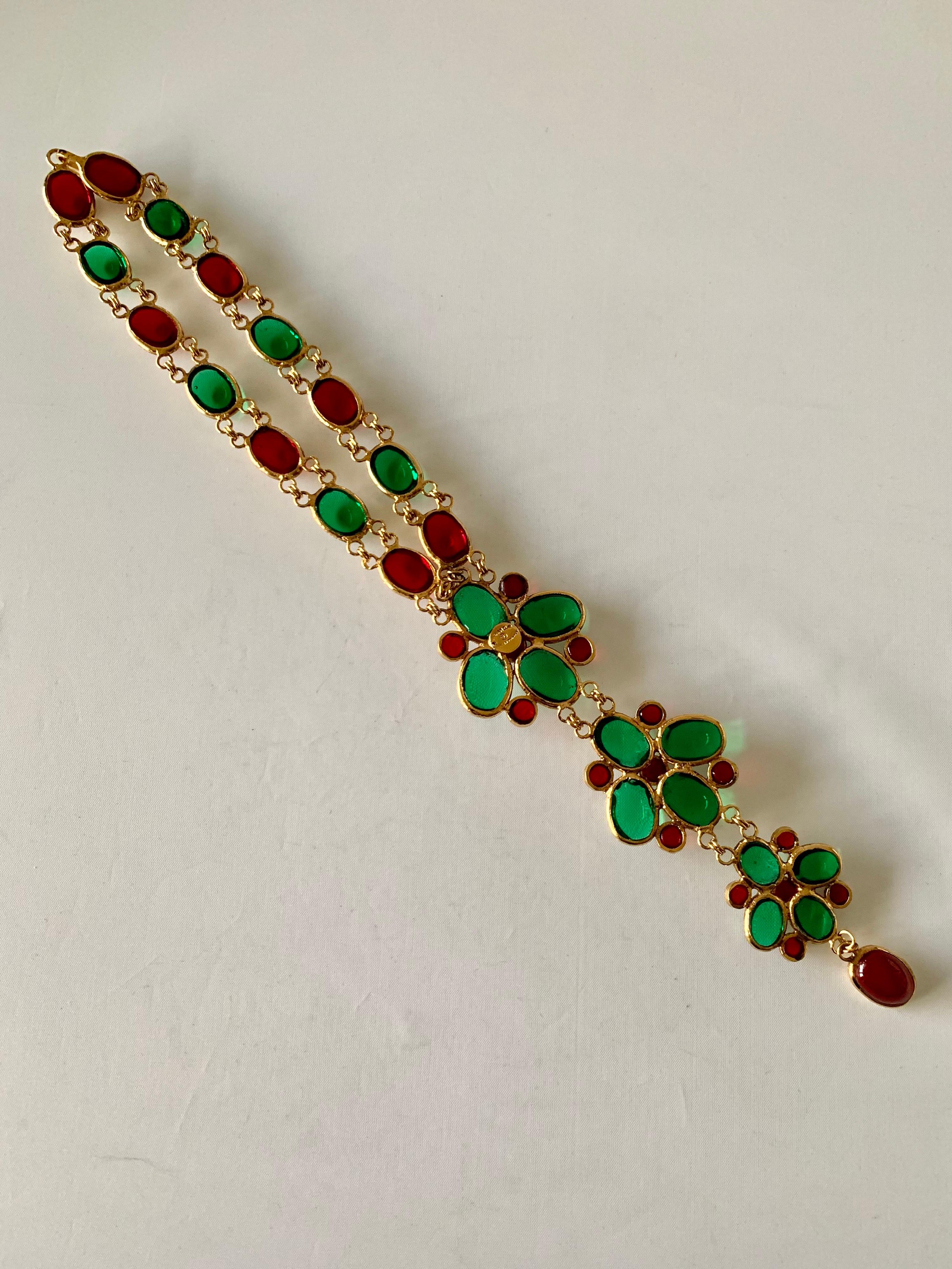 Vintage Coco Chanel Gilt, Green and Red Statement Necklace In Excellent Condition In Palm Springs, CA